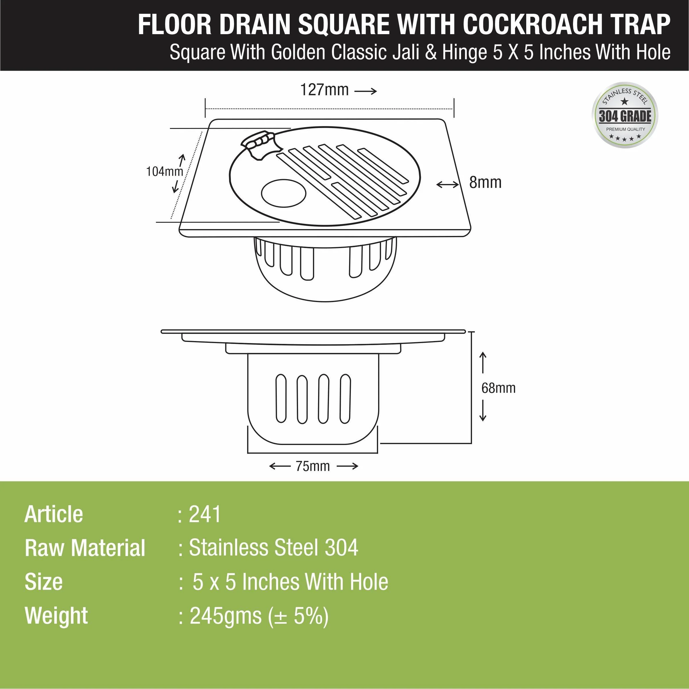 Golden Classic Jali Square Floor Drain (5 x 5 Inches) with Hinge, Hole and Cockroach Trap - LIPKA - Image 2