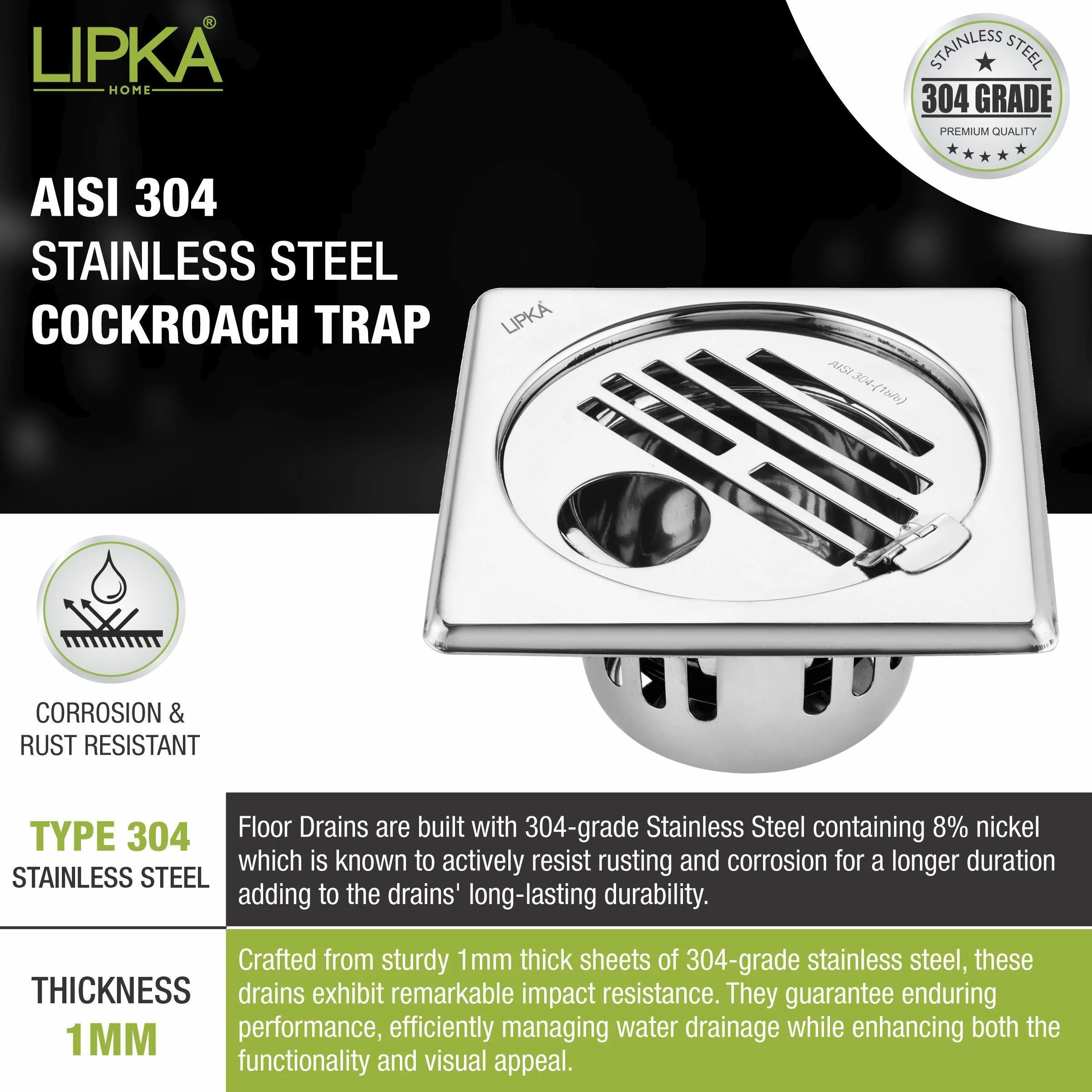 Golden Classic Jali Square Floor Drain (5 x 5 Inches) with Hinge, Hole and Cockroach Trap - LIPKA - Image 4