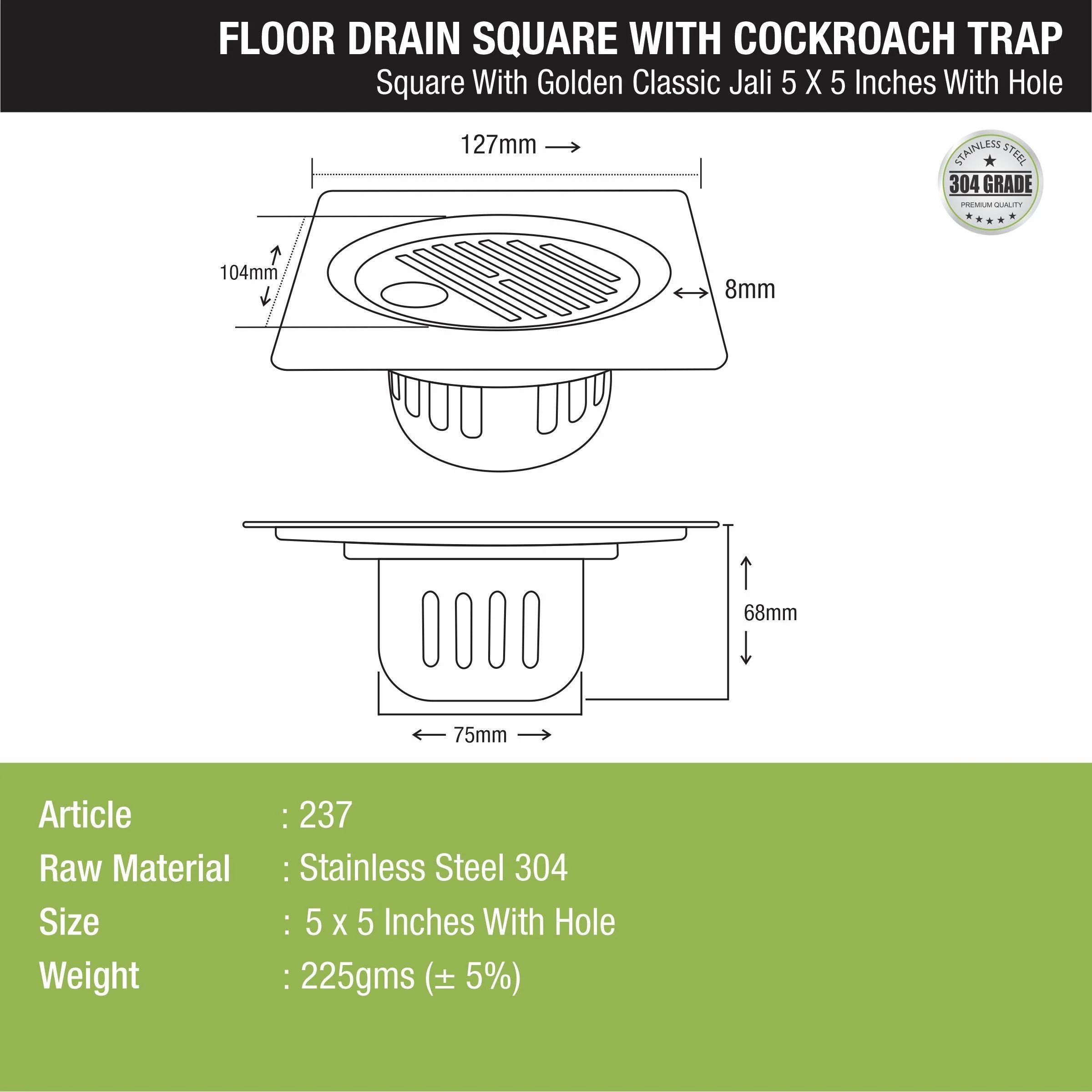 Golden Classic Jali Square Floor Drain (5 x 5 Inches) with Hole and Cockroach Trap - LIPKA - Image 2