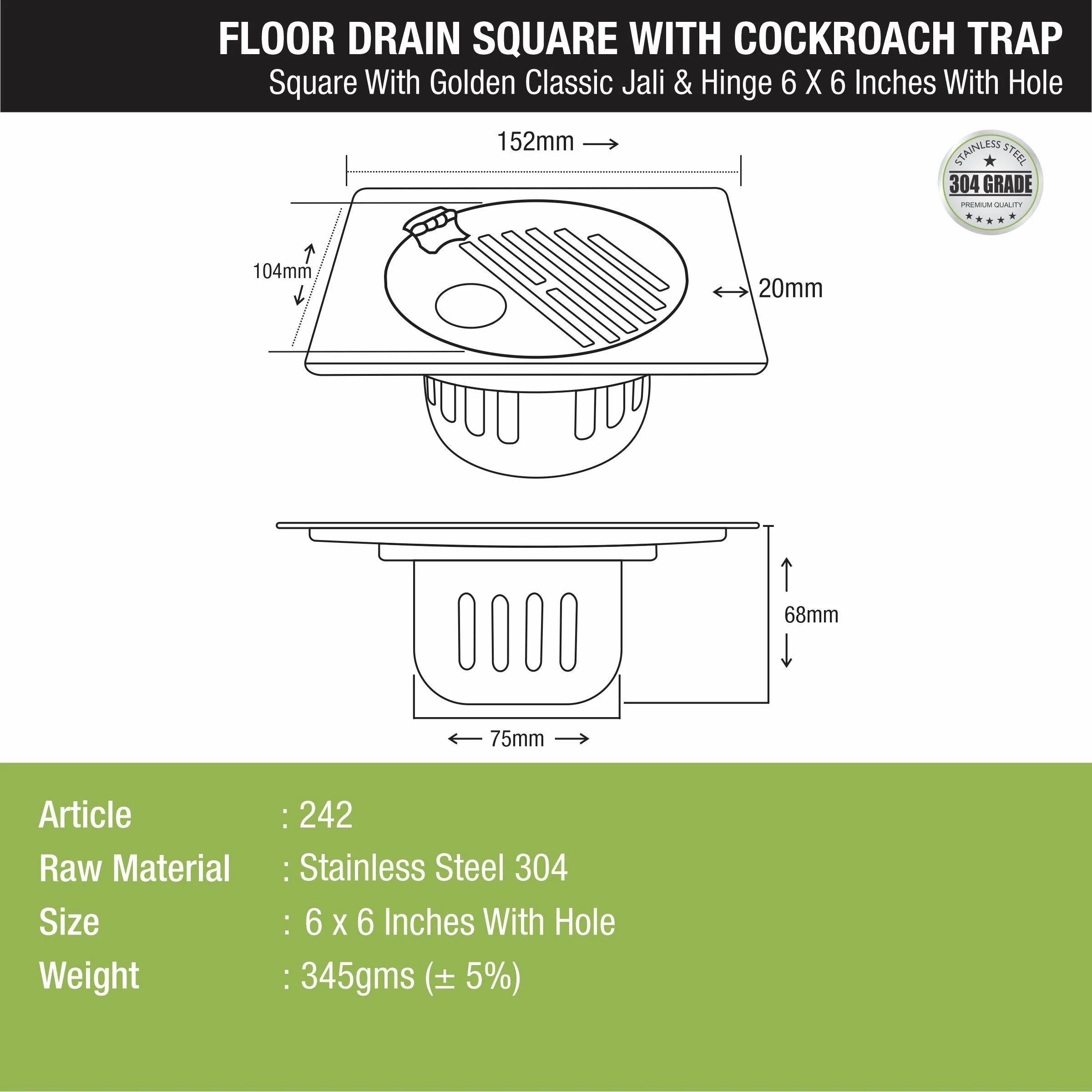 Golden Classic Jali Square Floor Drain (6 x 6 Inches) with Hinge, Hole and Cockroach Trap - LIPKA - Image 2
