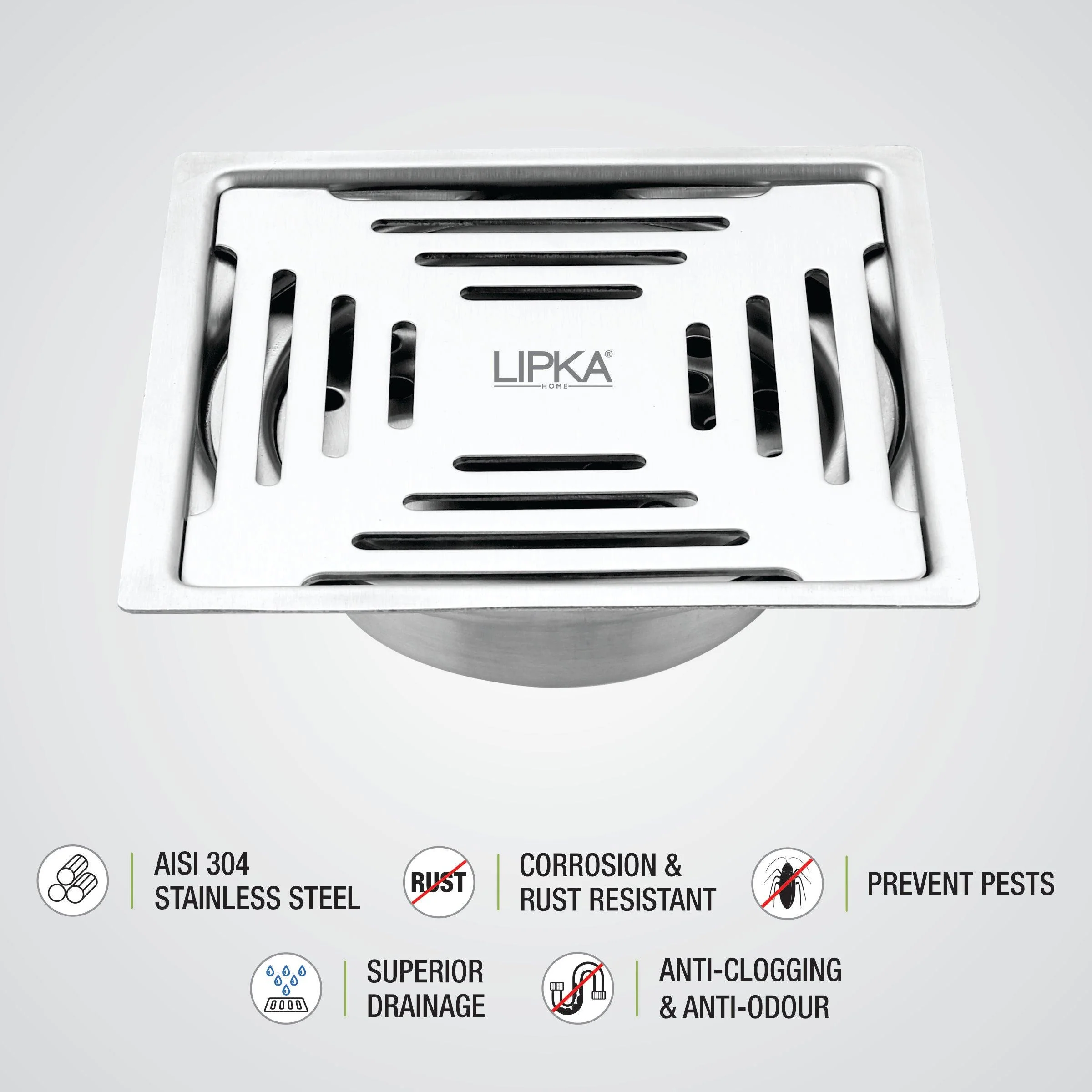Green Exclusive Square Flat Cut Floor Drain (5 x 5 Inches) with Cockroach Trap - LIPKA - Image 4