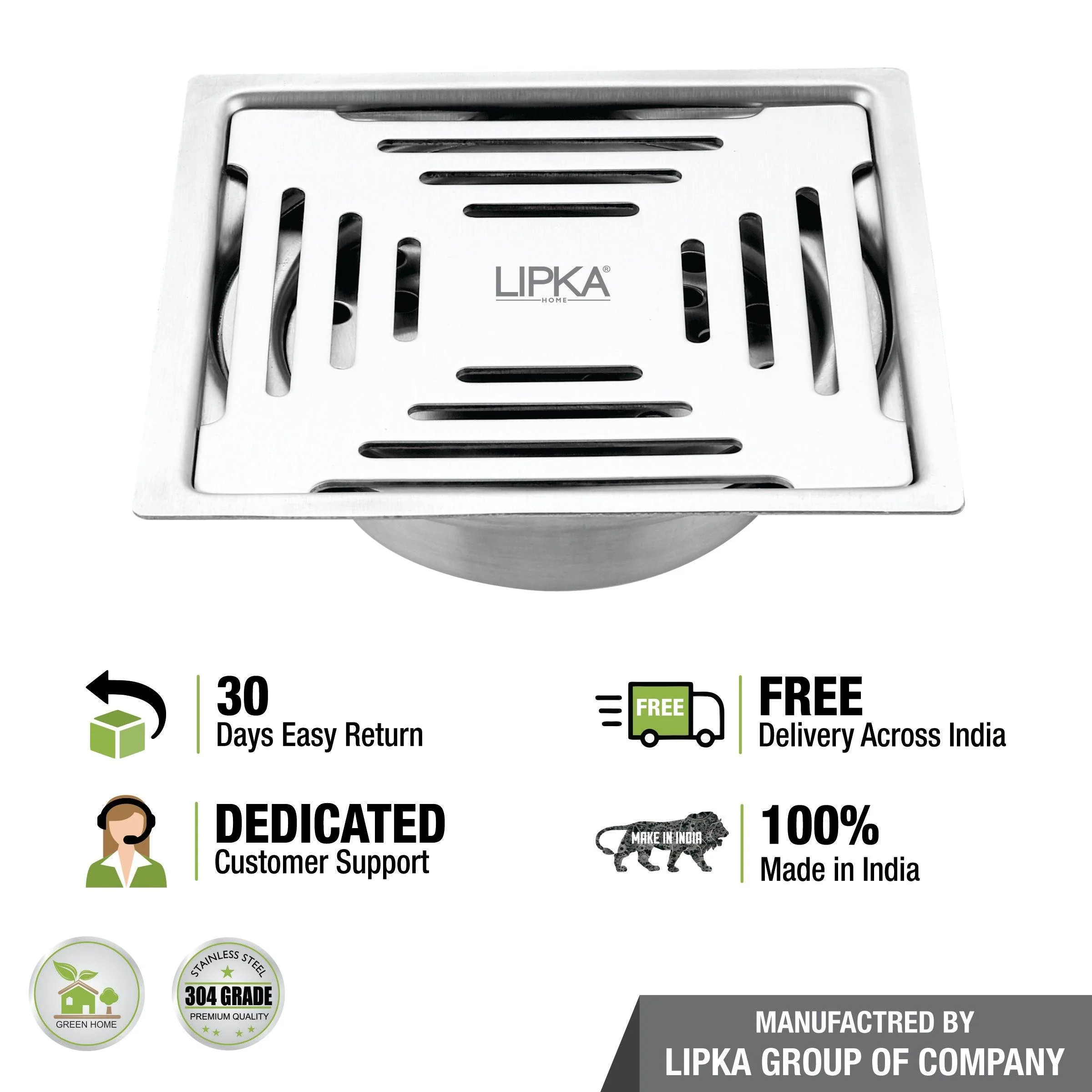 Green Exclusive Square Flat Cut Floor Drain (5 x 5 Inches) with Cockroach Trap - LIPKA - Image 5