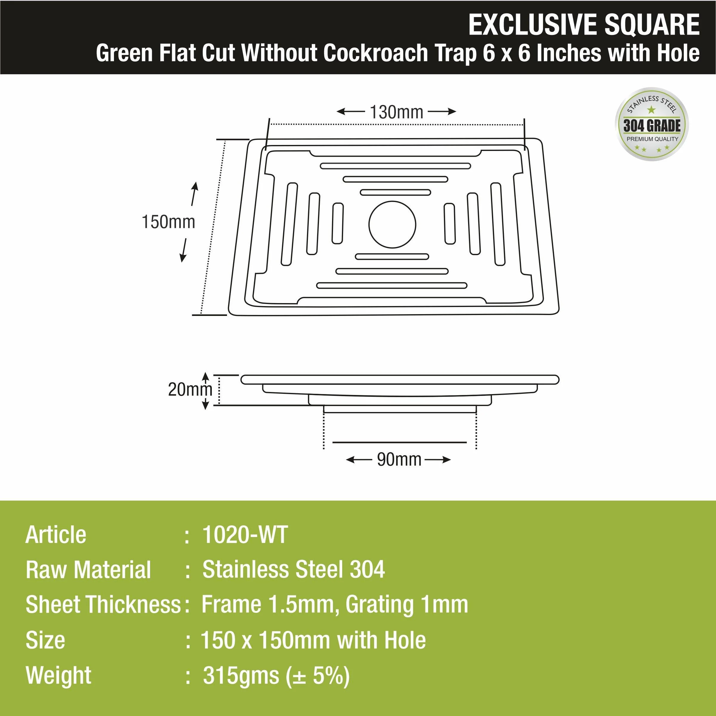 Green Exclusive Square Flat Cut Floor Drain (6 x 6 Inches) with Hole - LIPKA - Image 2