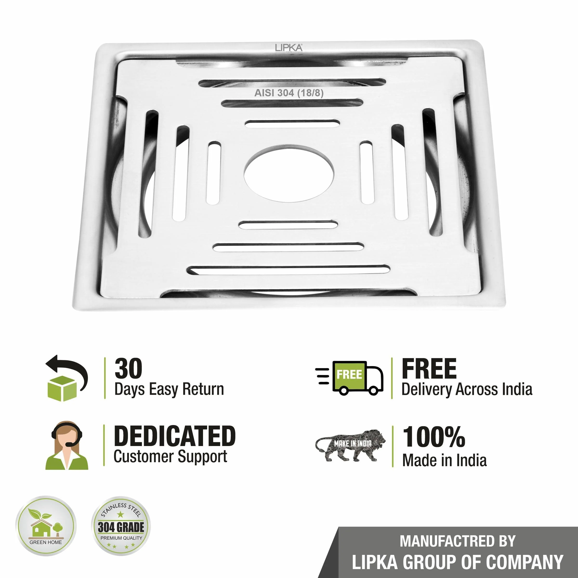 Green Exclusive Square Flat Cut Floor Drain (6 x 6 Inches) with Hole - LIPKA - Image 4