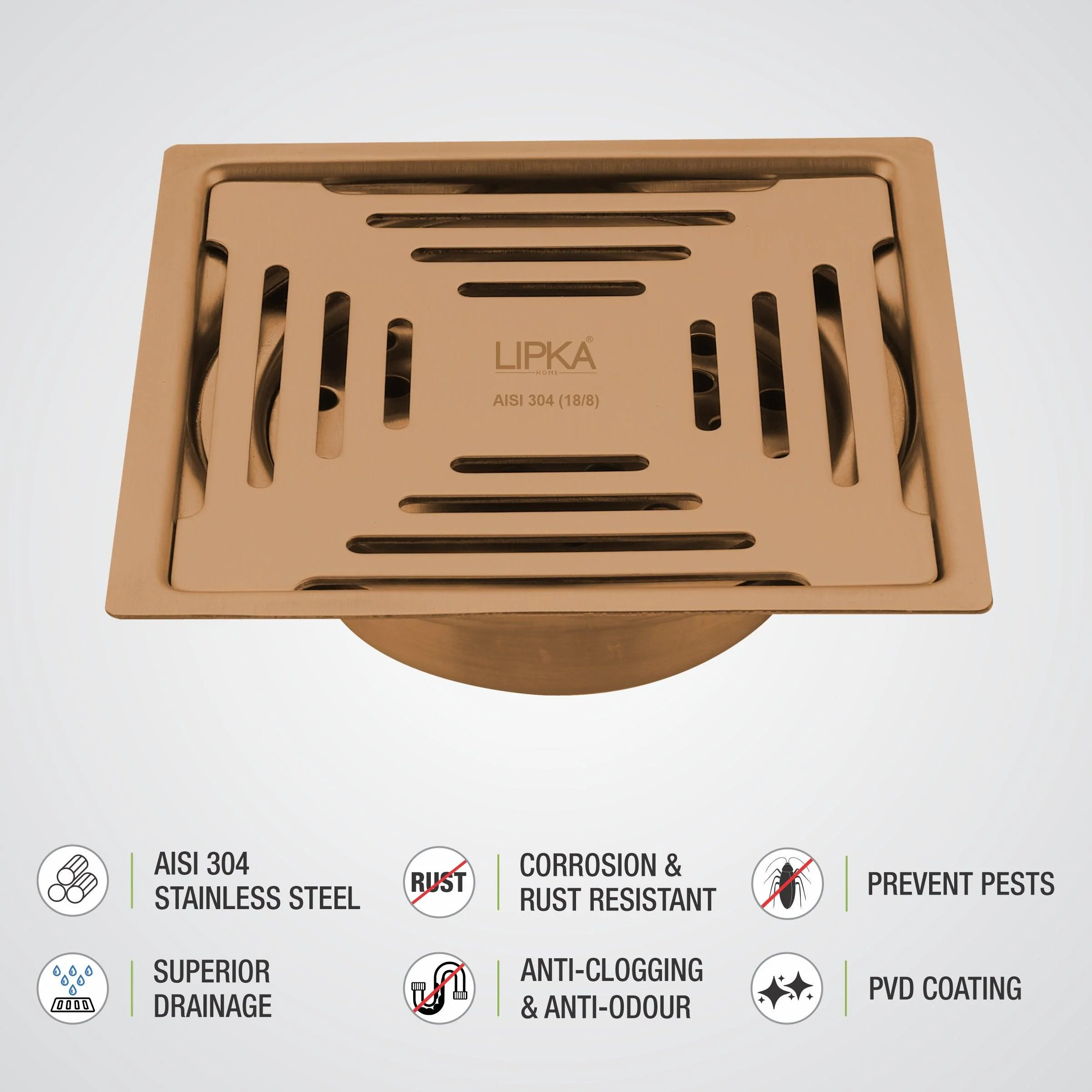 Green Exclusive Square Flat Cut Floor Drain in Antique Copper PVD Coating (5 x 5 Inches) with Cockroach Trap - LIPKA - Image 4