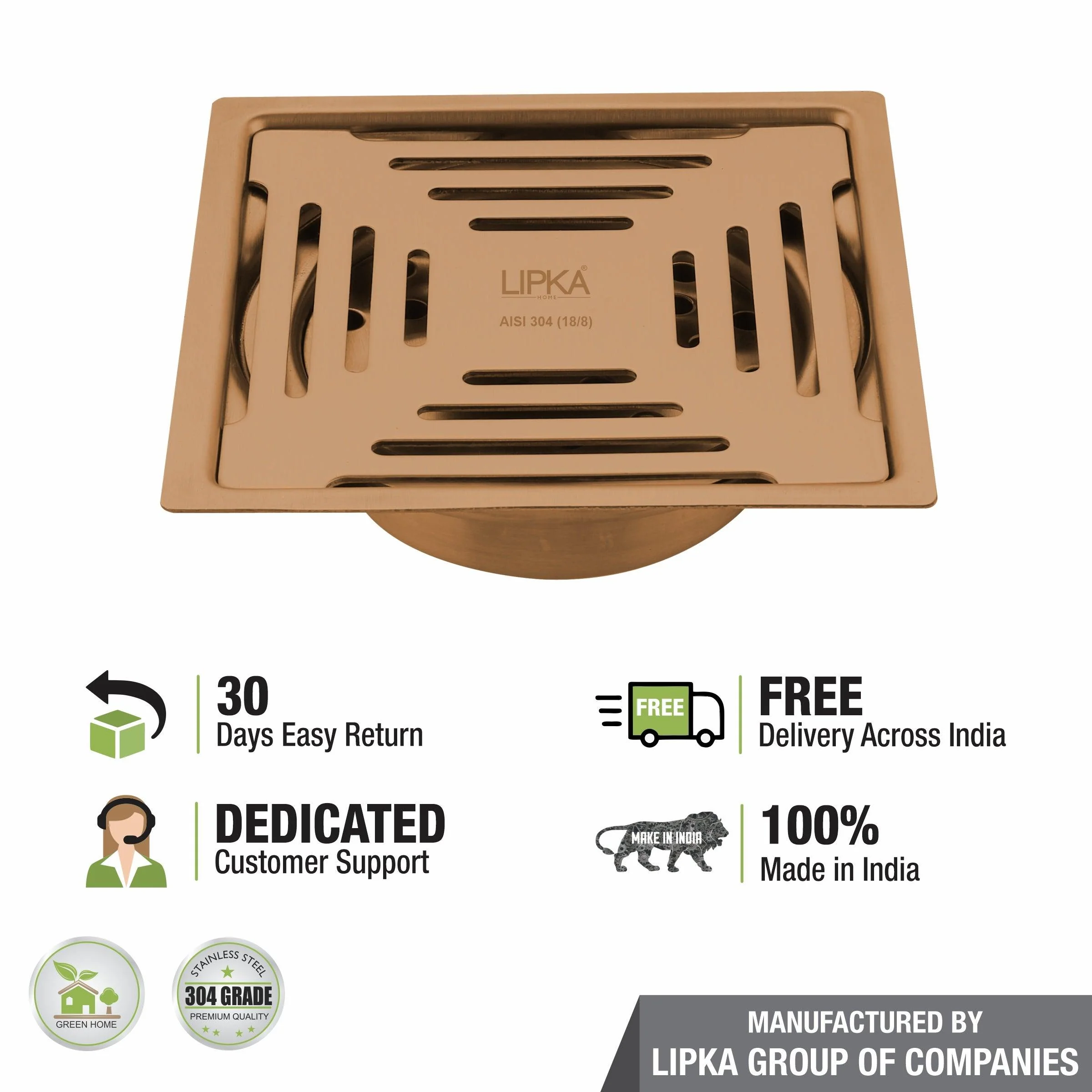 Green Exclusive Square Flat Cut Floor Drain in Antique Copper PVD Coating (5 x 5 Inches) with Cockroach Trap - LIPKA - Image 5