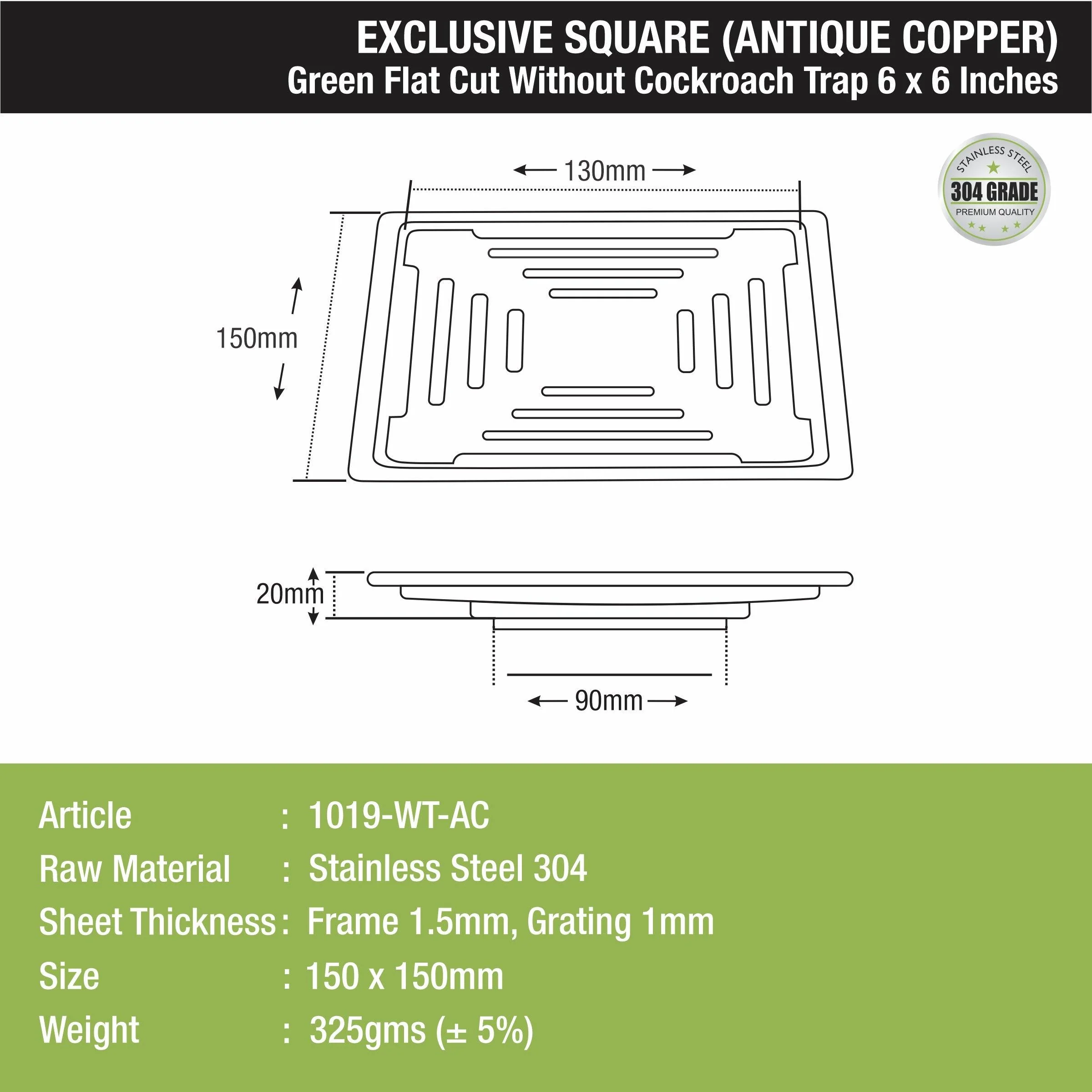 Green Exclusive Square Flat Cut Floor Drain in Antique Copper PVD Coating (6 x 6 Inches) - LIPKA - Image 2