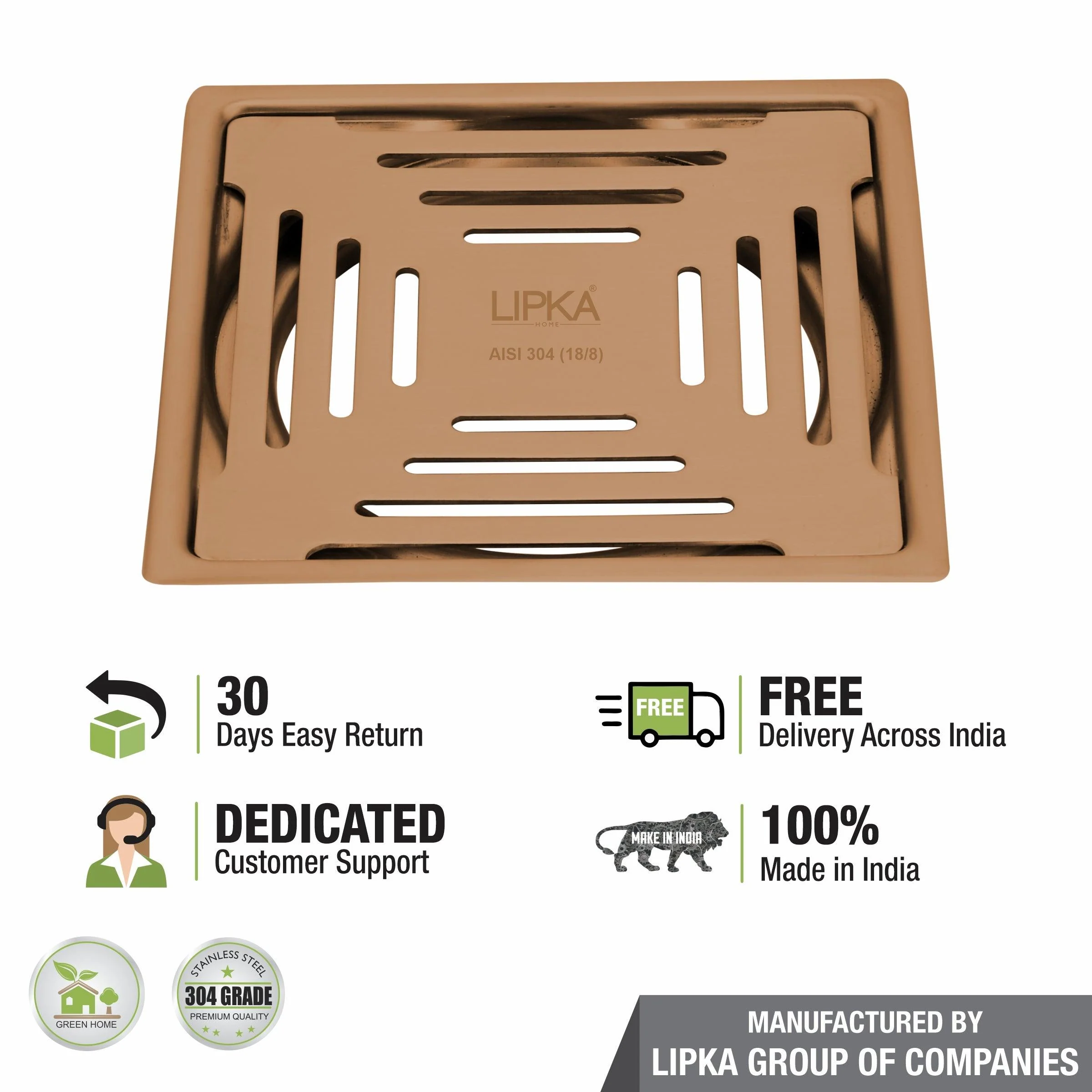 Green Exclusive Square Flat Cut Floor Drain in Antique Copper PVD Coating (6 x 6 Inches) - LIPKA - Image 4
