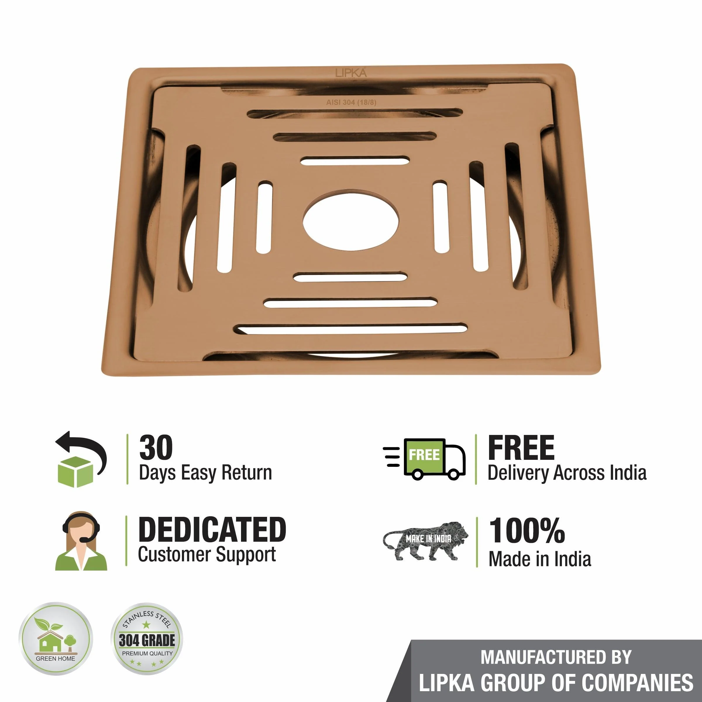 Green Exclusive Square Flat Cut Floor Drain in Antique Copper PVD Coating (6 x 6 Inches) with Hole - LIPKA - Image 4