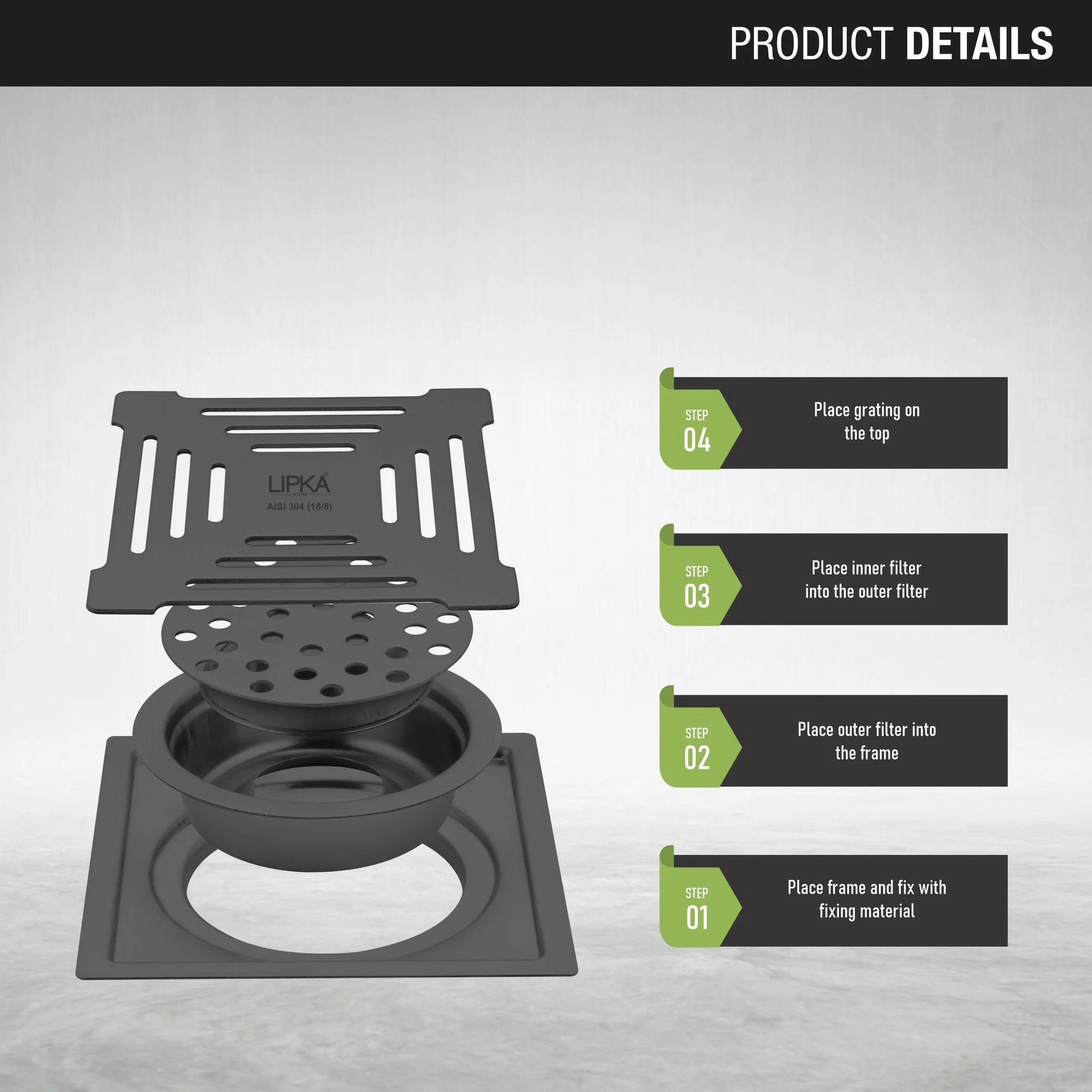 Green Exclusive Square Flat Cut Floor Drain in Black PVD Coating (5 x 5 Inches) with Cockroach Trap - LIPKA - Image 3