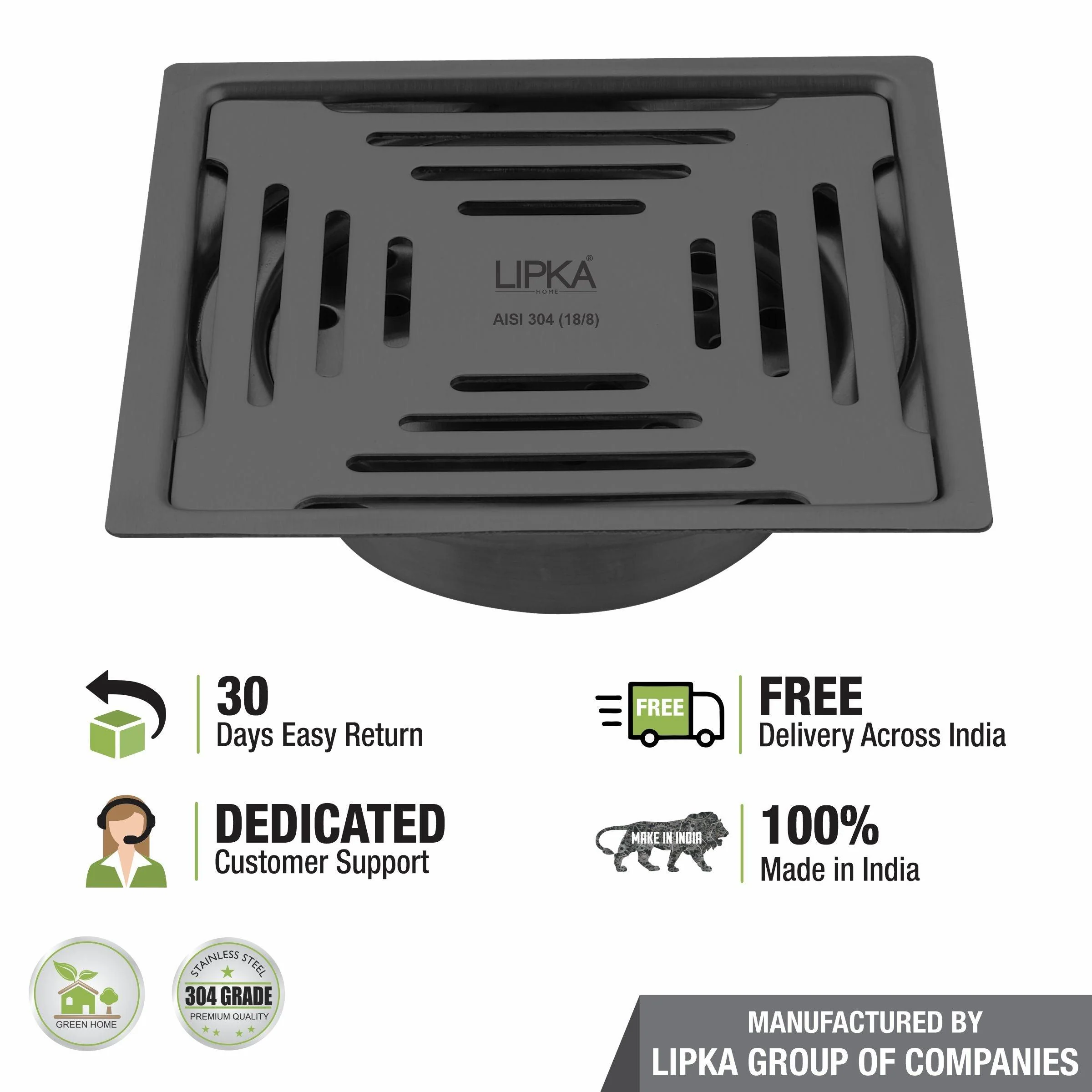 Green Exclusive Square Flat Cut Floor Drain in Black PVD Coating (6 x 6 Inches) with Cockroach Trap - LIPKA - Image 5