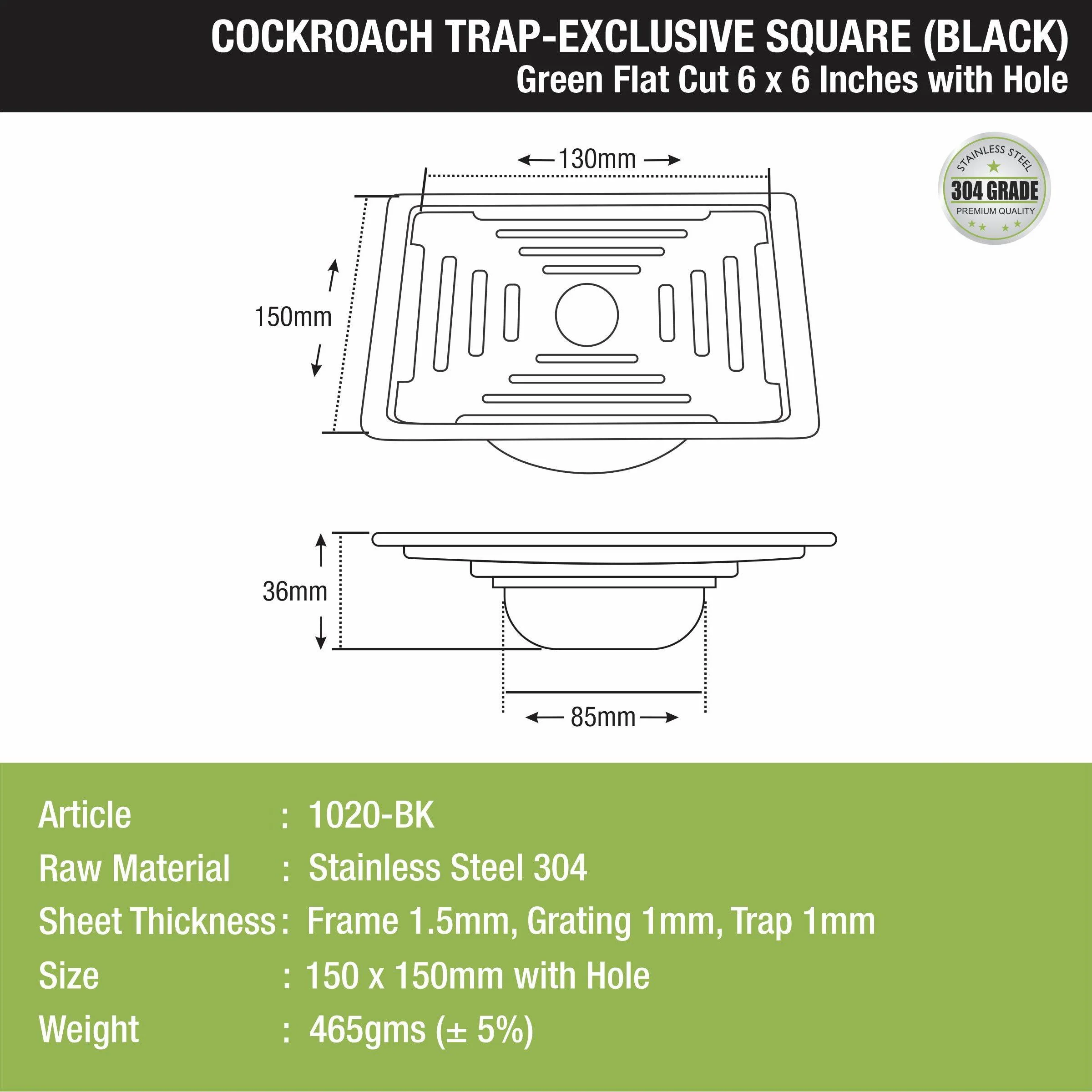 Green Exclusive Square Flat Cut Floor Drain in Black PVD Coating (6 x 6 Inches) with Hole & Cockroach Trap - LIPKA - Image 2