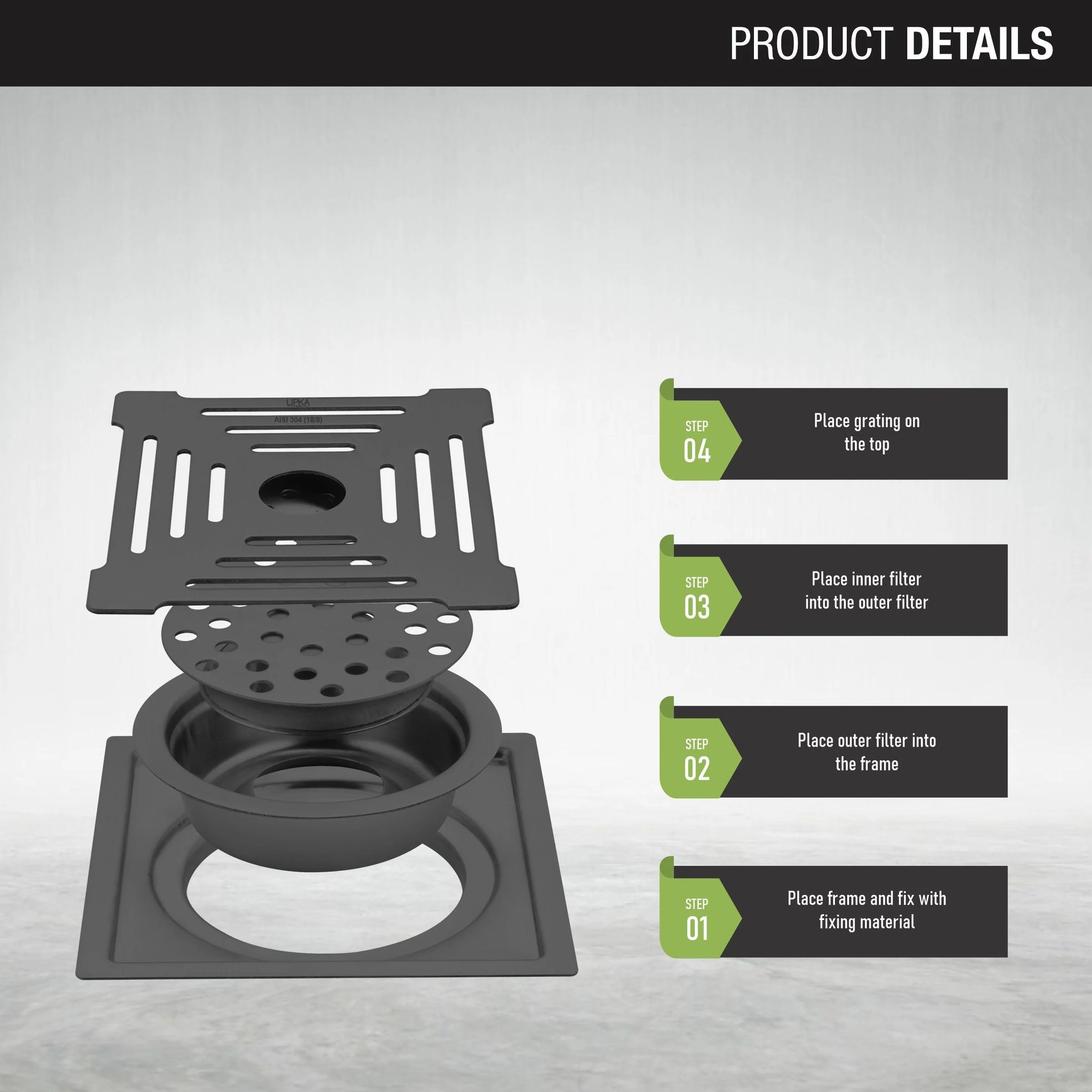 Green Exclusive Square Flat Cut Floor Drain in Black PVD Coating (6 x 6 Inches) with Hole & Cockroach Trap - LIPKA - Image 3