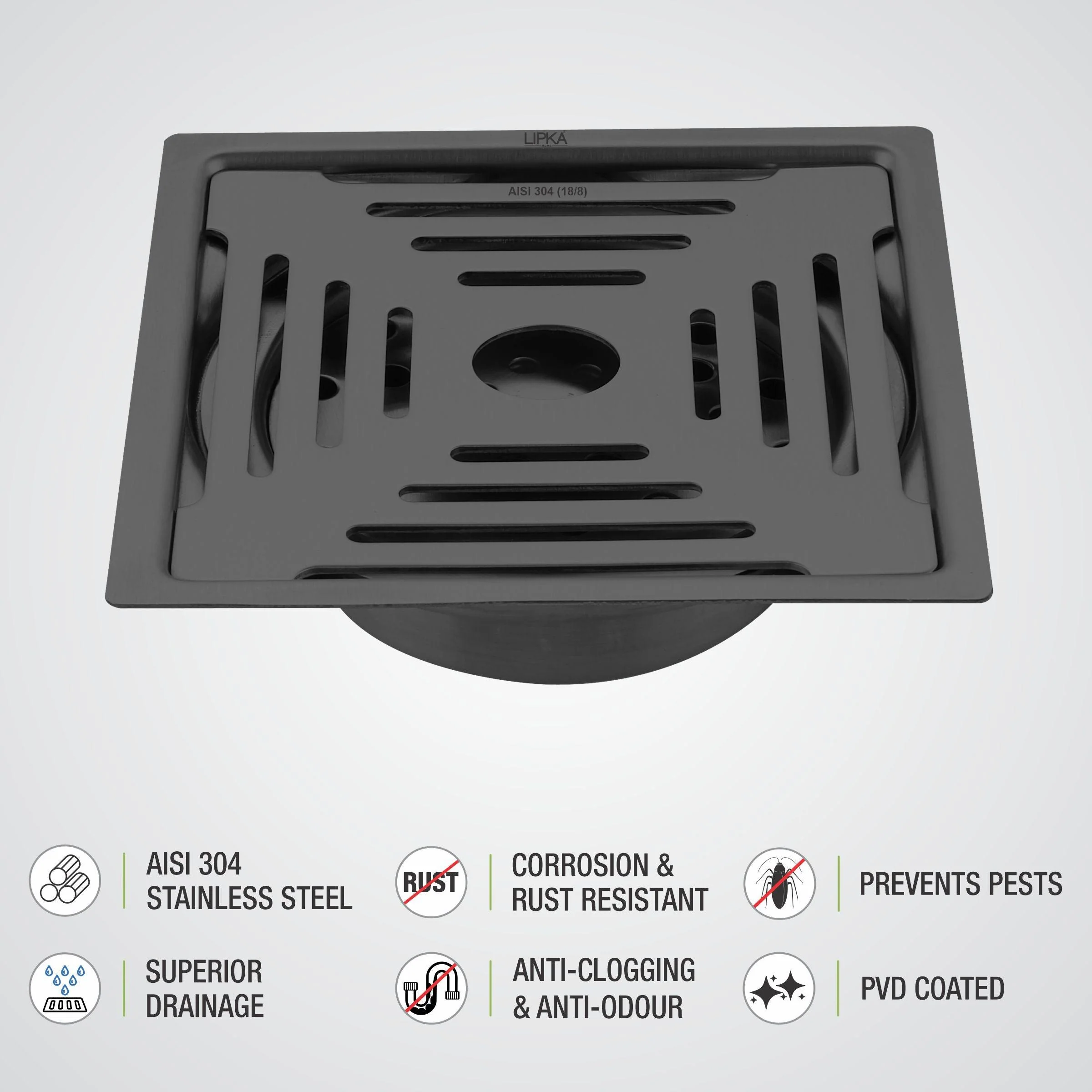 Green Exclusive Square Flat Cut Floor Drain in Black PVD Coating (6 x 6 Inches) with Hole & Cockroach Trap - LIPKA - Image 4