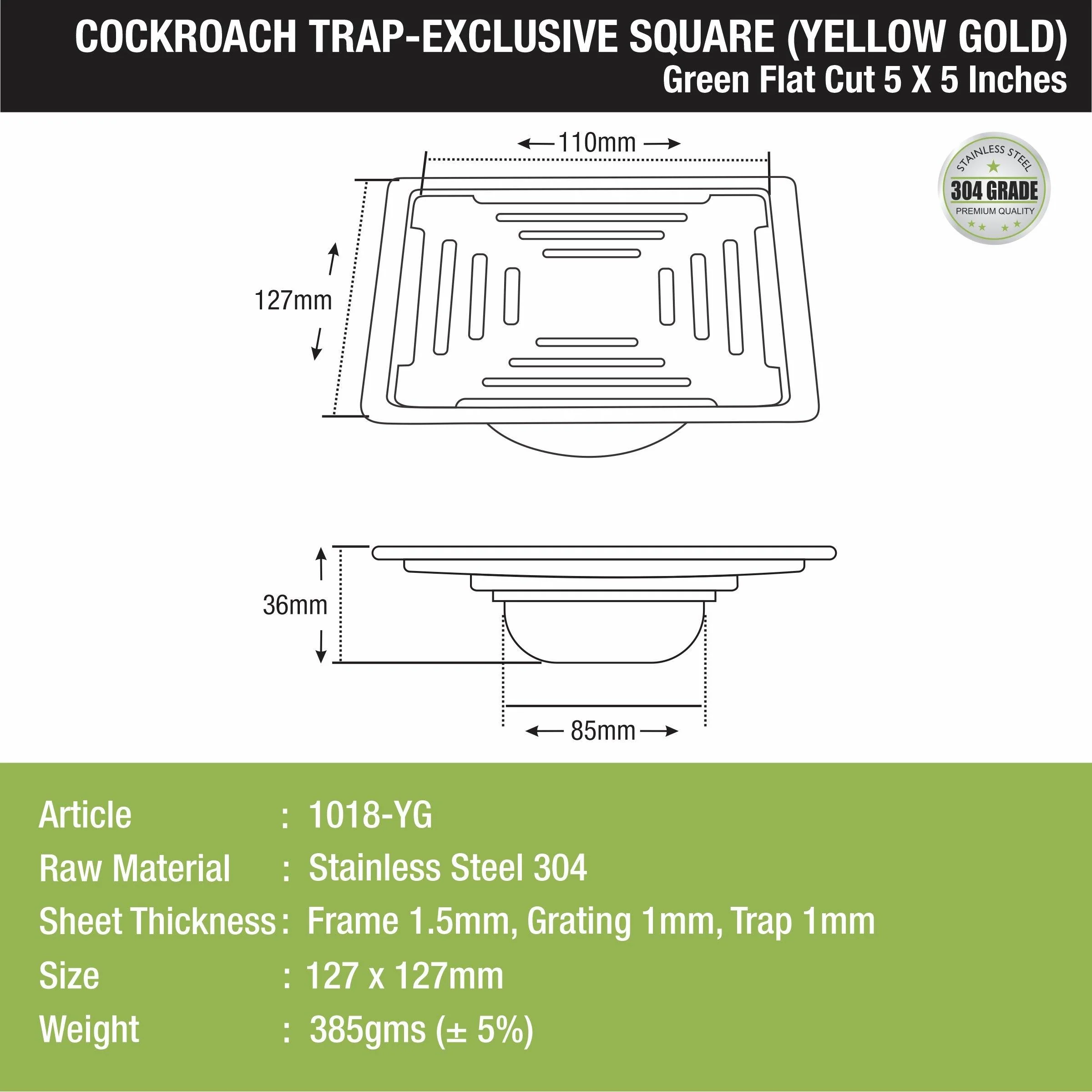 Green Exclusive Square Flat Cut Floor Drain in Yellow Gold PVD Coating (5 x 5 Inches) with Cockroach Trap - LIPKA - Image 2