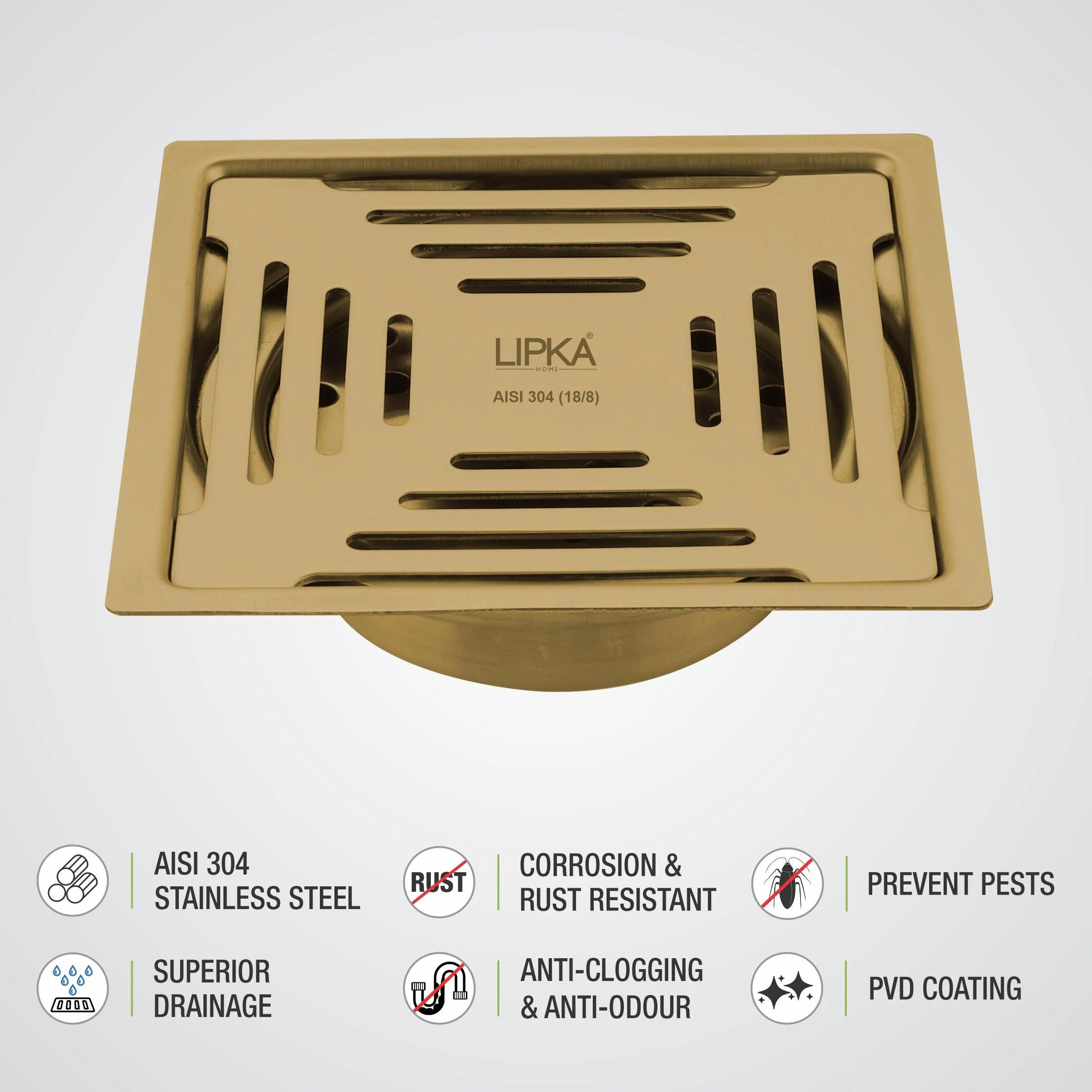 Green Exclusive Square Flat Cut Floor Drain in Yellow Gold PVD Coating (5 x 5 Inches) with Cockroach Trap - LIPKA - Image 4