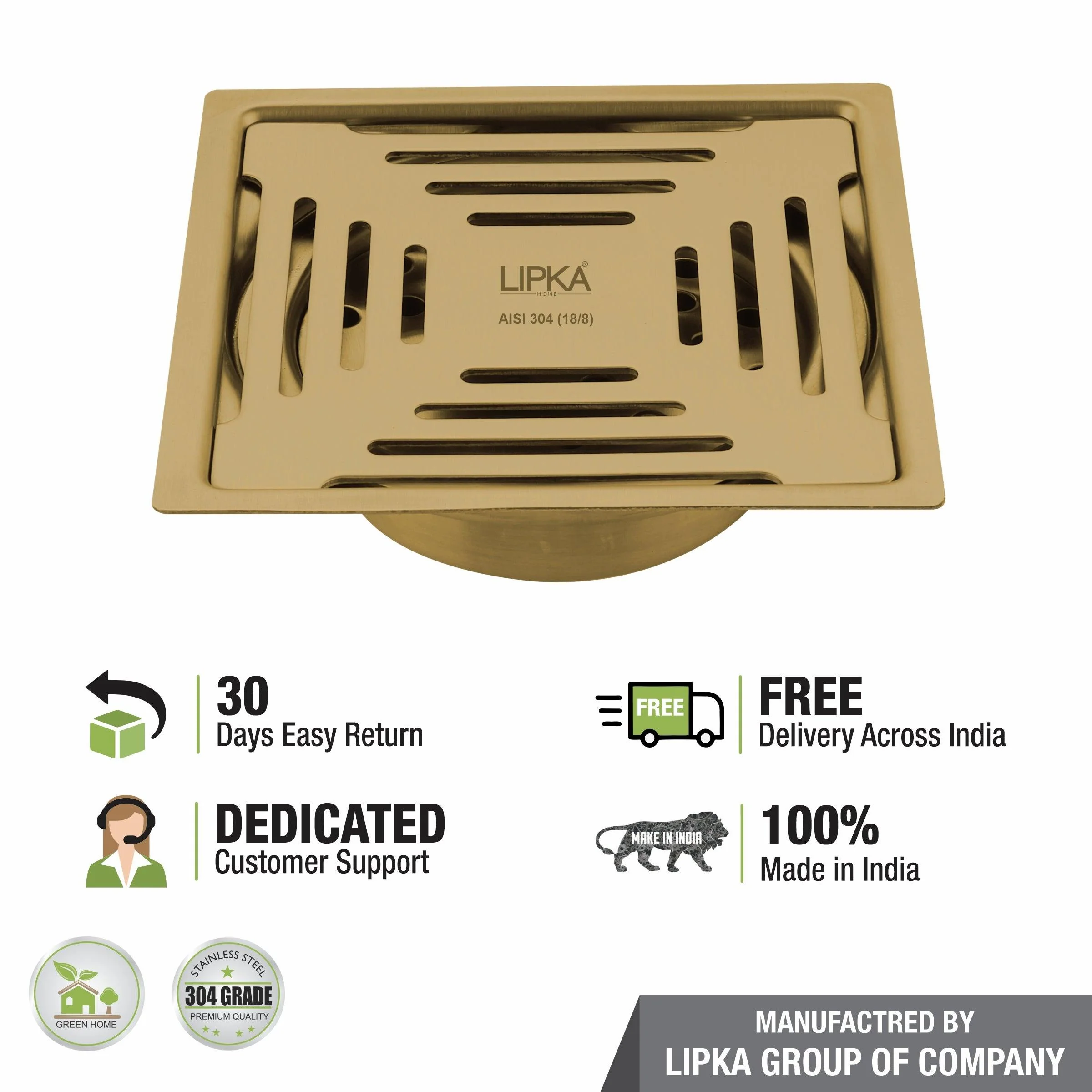 Green Exclusive Square Flat Cut Floor Drain in Yellow Gold PVD Coating (5 x 5 Inches) with Cockroach Trap - LIPKA - Image 5