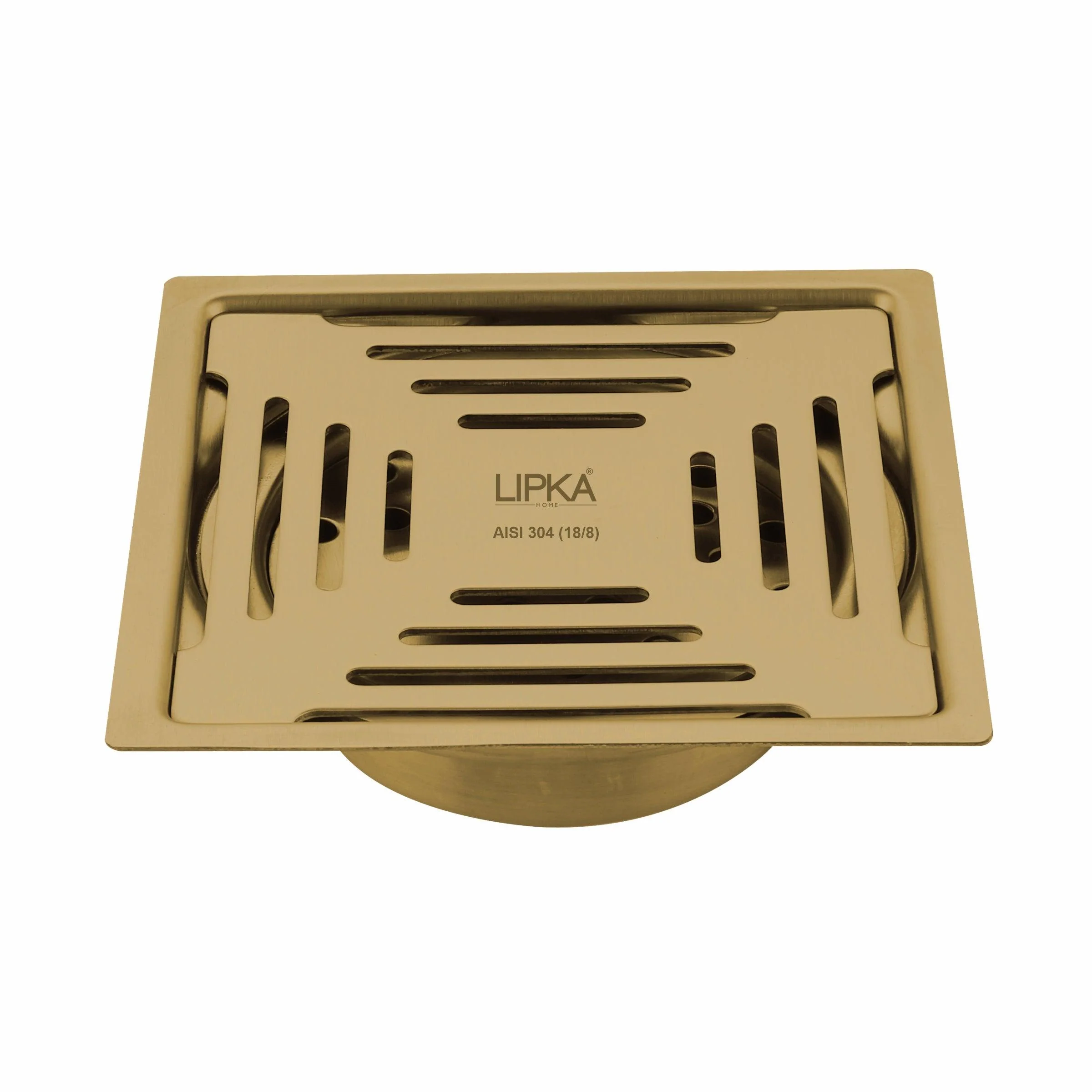 Green Exclusive Square Flat Cut Floor Drain in Yellow Gold PVD Coating (6 x 6 Inches) with Cockroach Trap - LIPKA