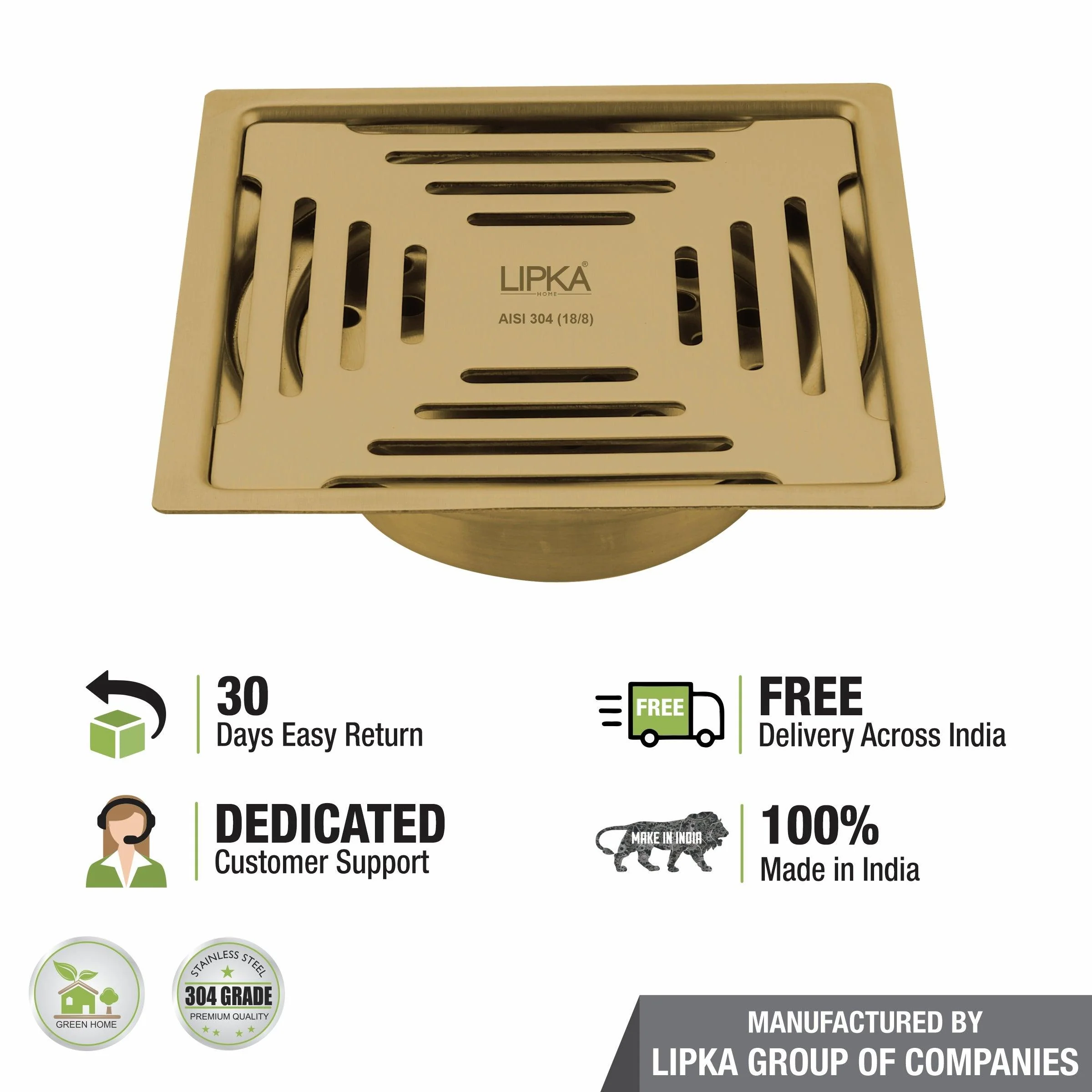 Green Exclusive Square Flat Cut Floor Drain in Yellow Gold PVD Coating (6 x 6 Inches) with Cockroach Trap - LIPKA - Image 5