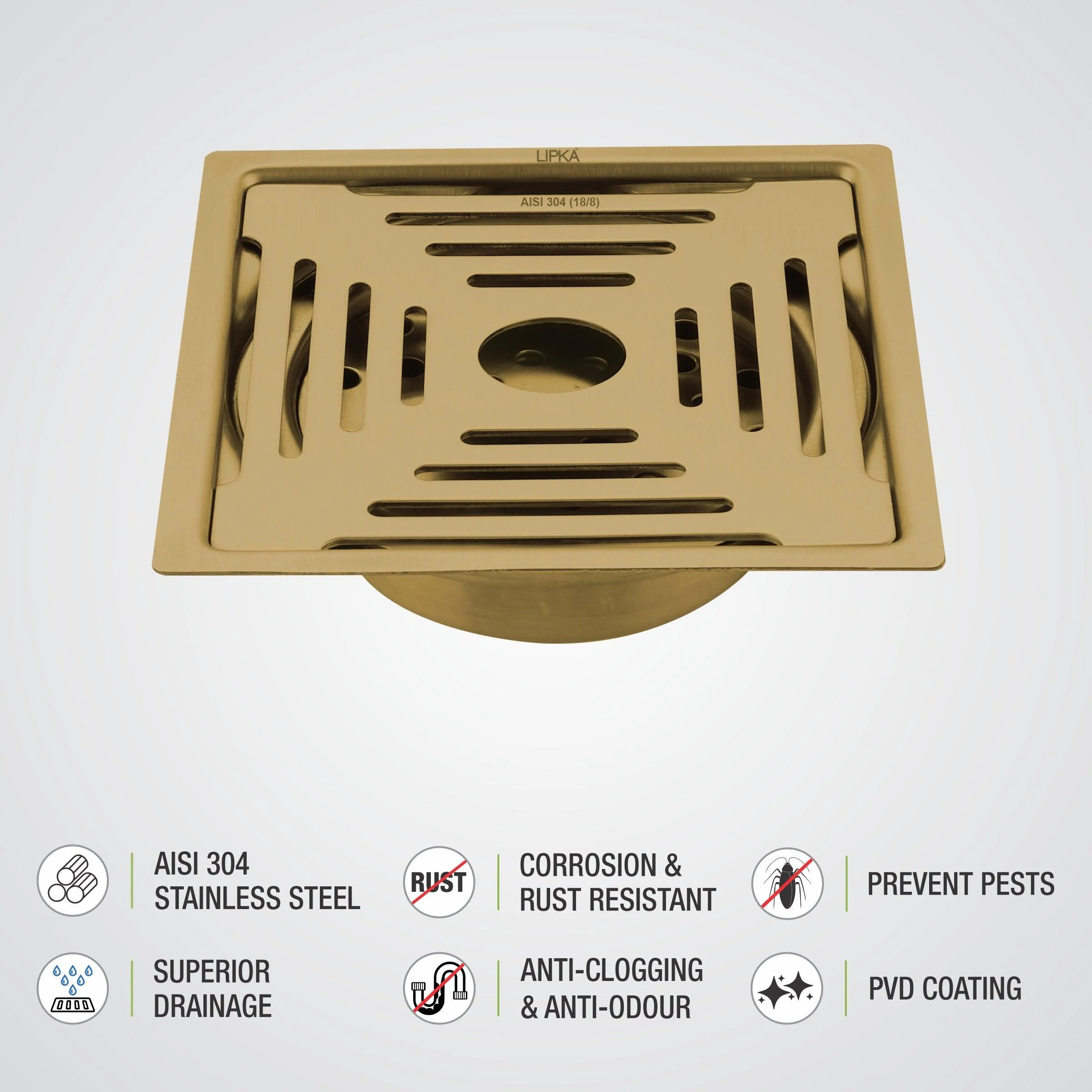 Green Exclusive Square Flat Cut Floor Drain in Yellow Gold PVD Coating (6 x 6 Inches) with Hole & Cockroach Trap - LIPKA - Image 4