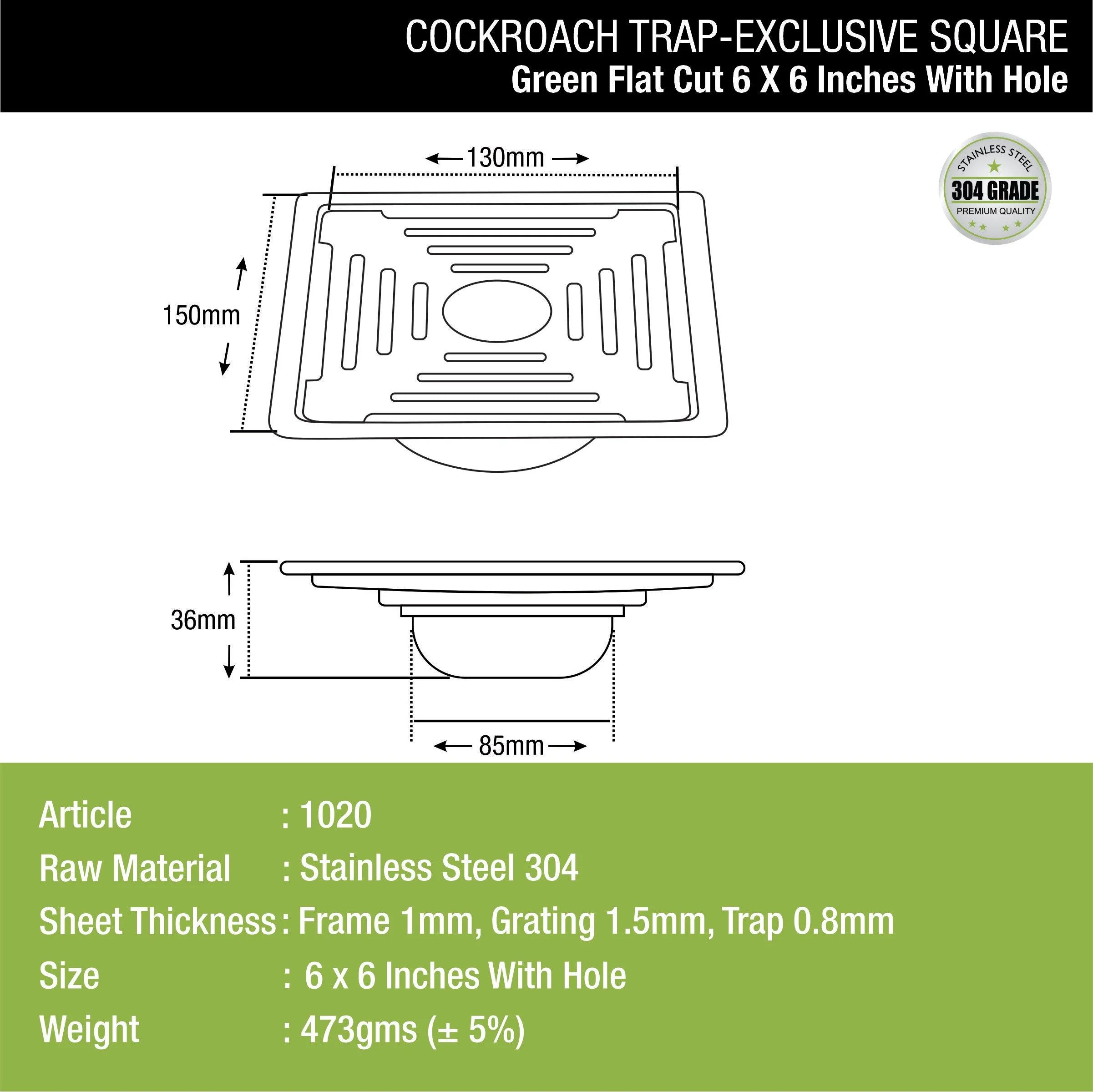 Green Exclusive Square Flat Cut Floor Drain (6 x 6 Inches) with Hole and Cockroach Trap - LIPKA - Image 2