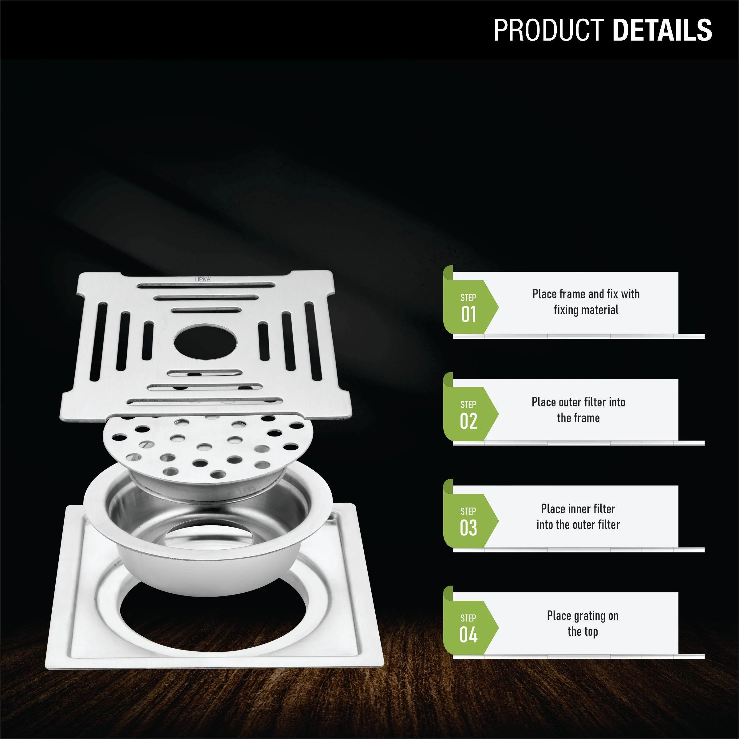 Green Exclusive Square Flat Cut Floor Drain (6 x 6 Inches) with Hole and Cockroach Trap - LIPKA - Image 3
