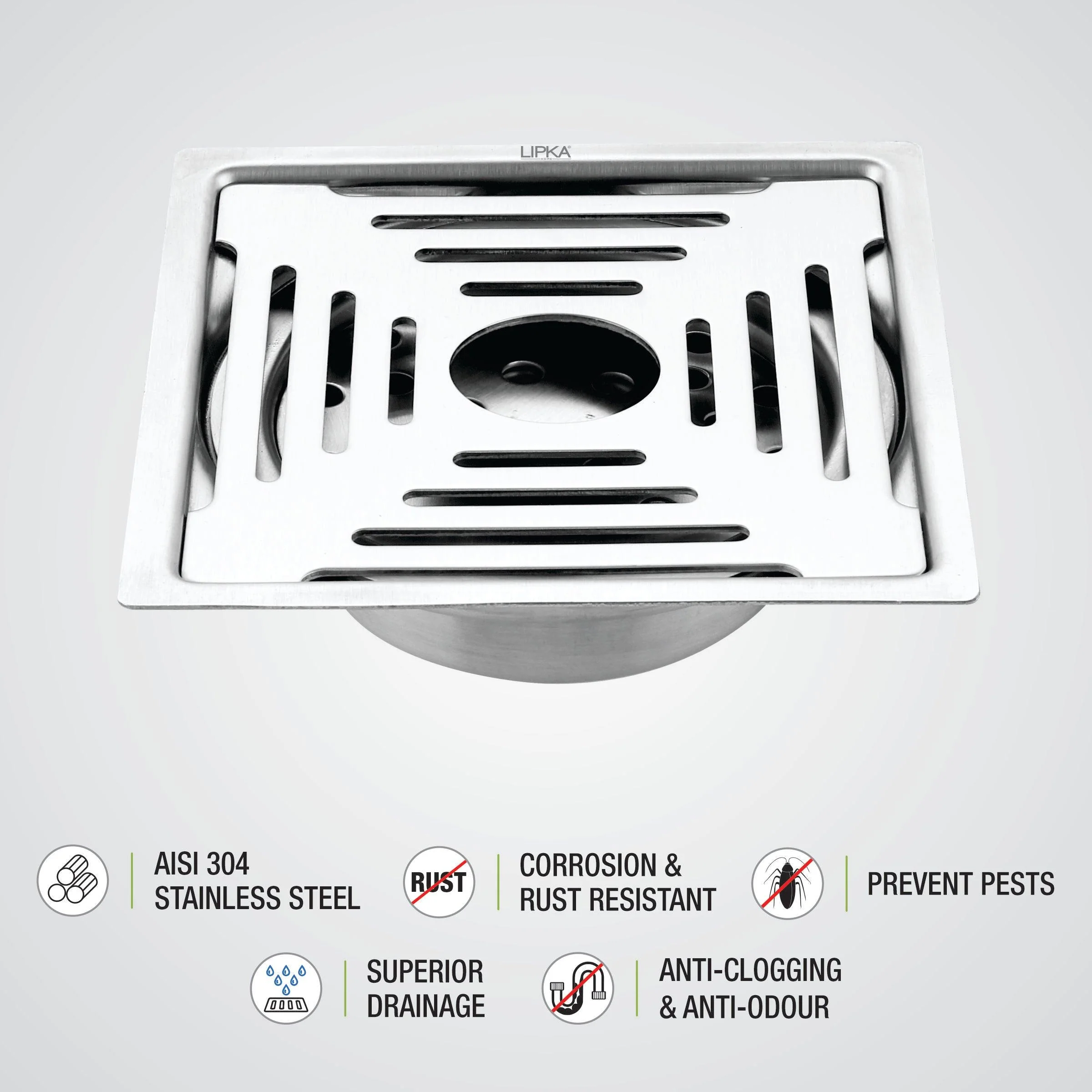 Green Exclusive Square Flat Cut Floor Drain (6 x 6 Inches) with Hole and Cockroach Trap - LIPKA - Image 4