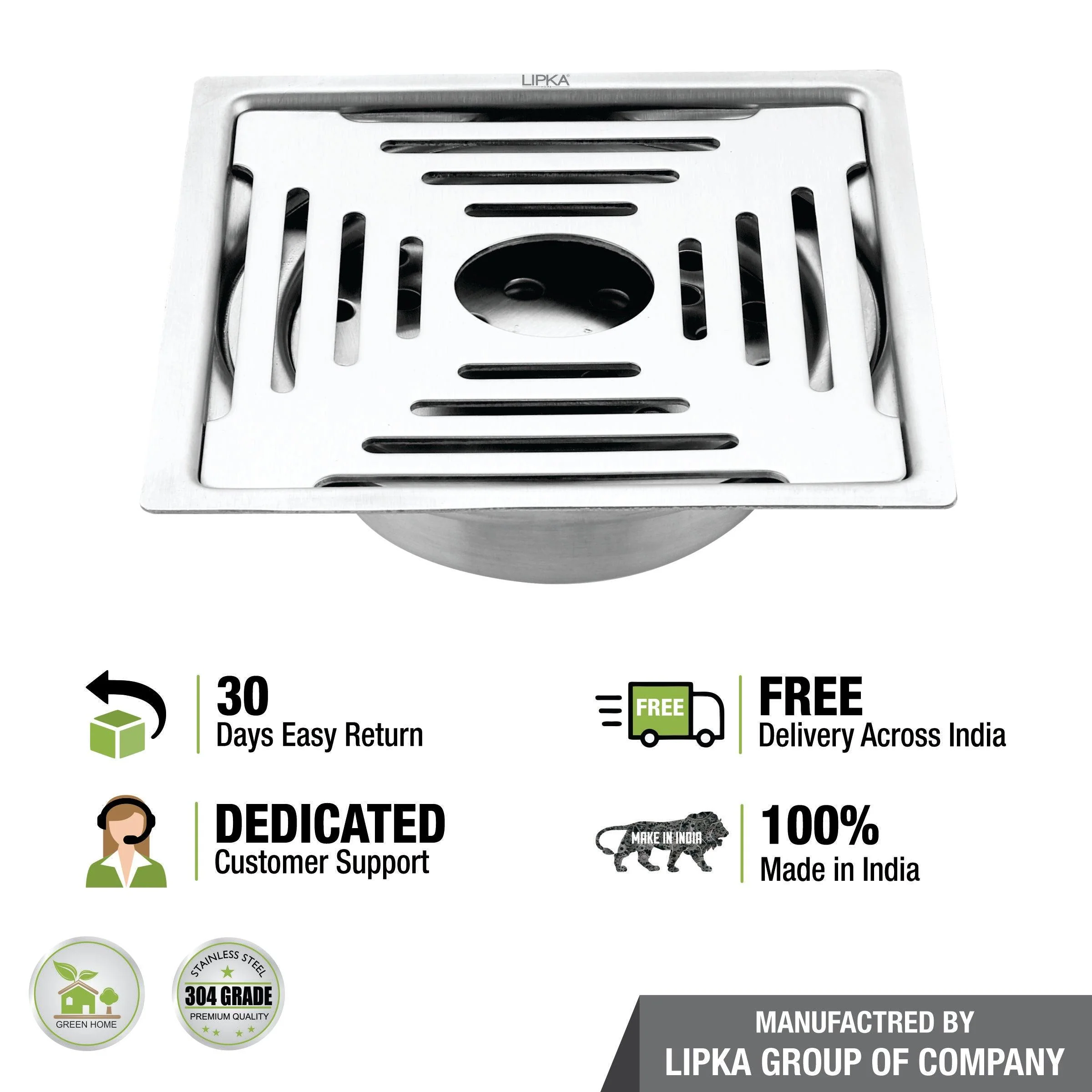 Green Exclusive Square Flat Cut Floor Drain (6 x 6 Inches) with Hole and Cockroach Trap - LIPKA - Image 5