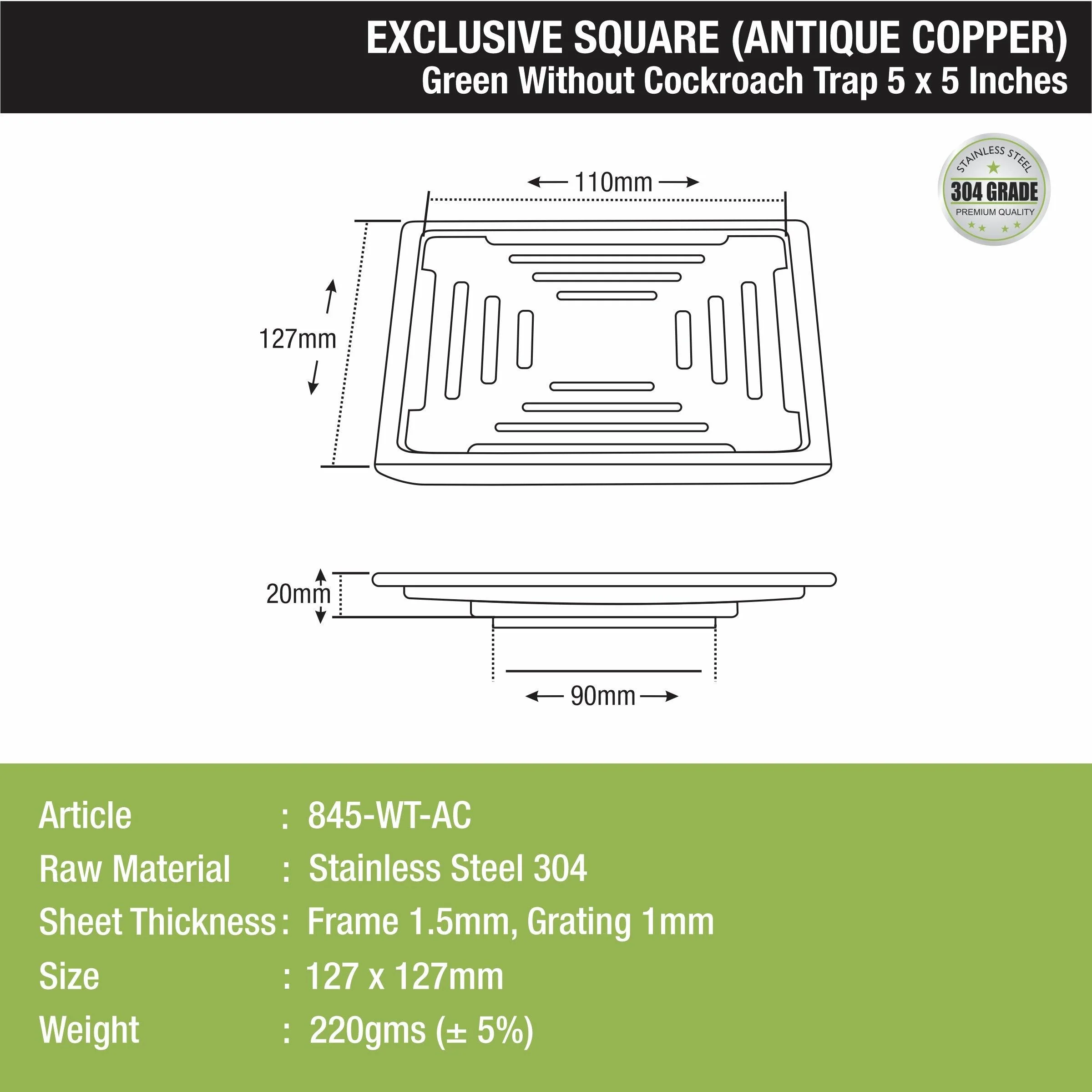 Green Exclusive Square Floor Drain in Antique Copper PVD Coating (5 x 5 Inches) - LIPKA - Image 2