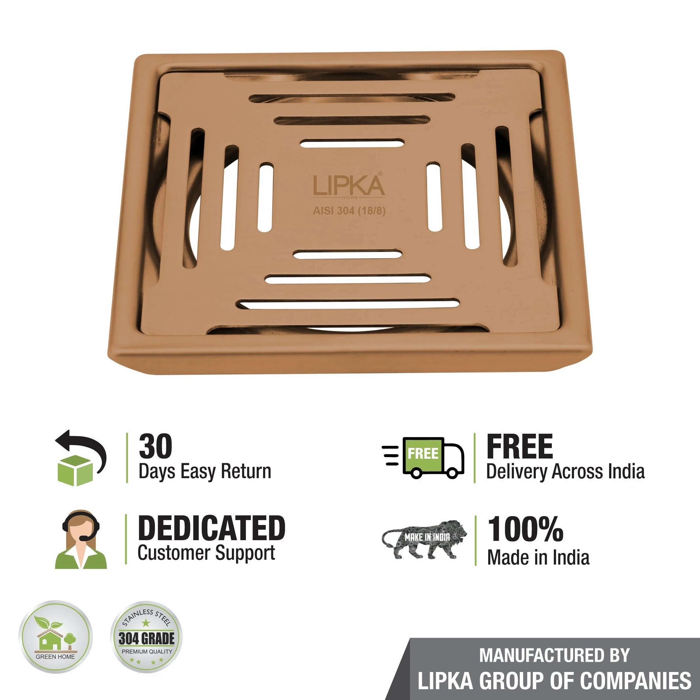 Green Exclusive Square Floor Drain in Antique Copper PVD Coating (5 x 5 Inches) - LIPKA - Image 4