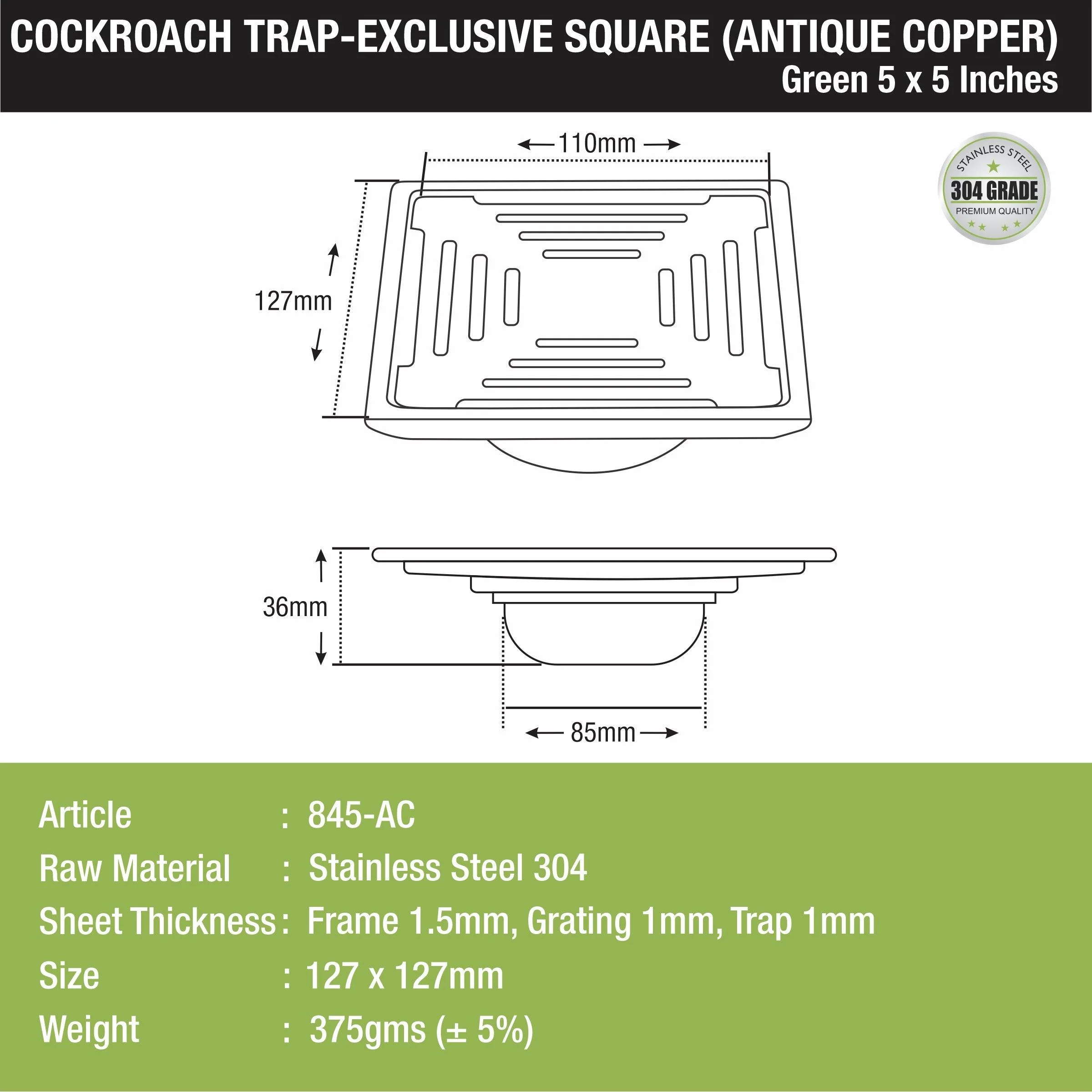 Green Exclusive Square Floor Drain in Antique Copper PVD Coating (5 x 5 Inches) with Cockroach Trap - LIPKA - Image 2