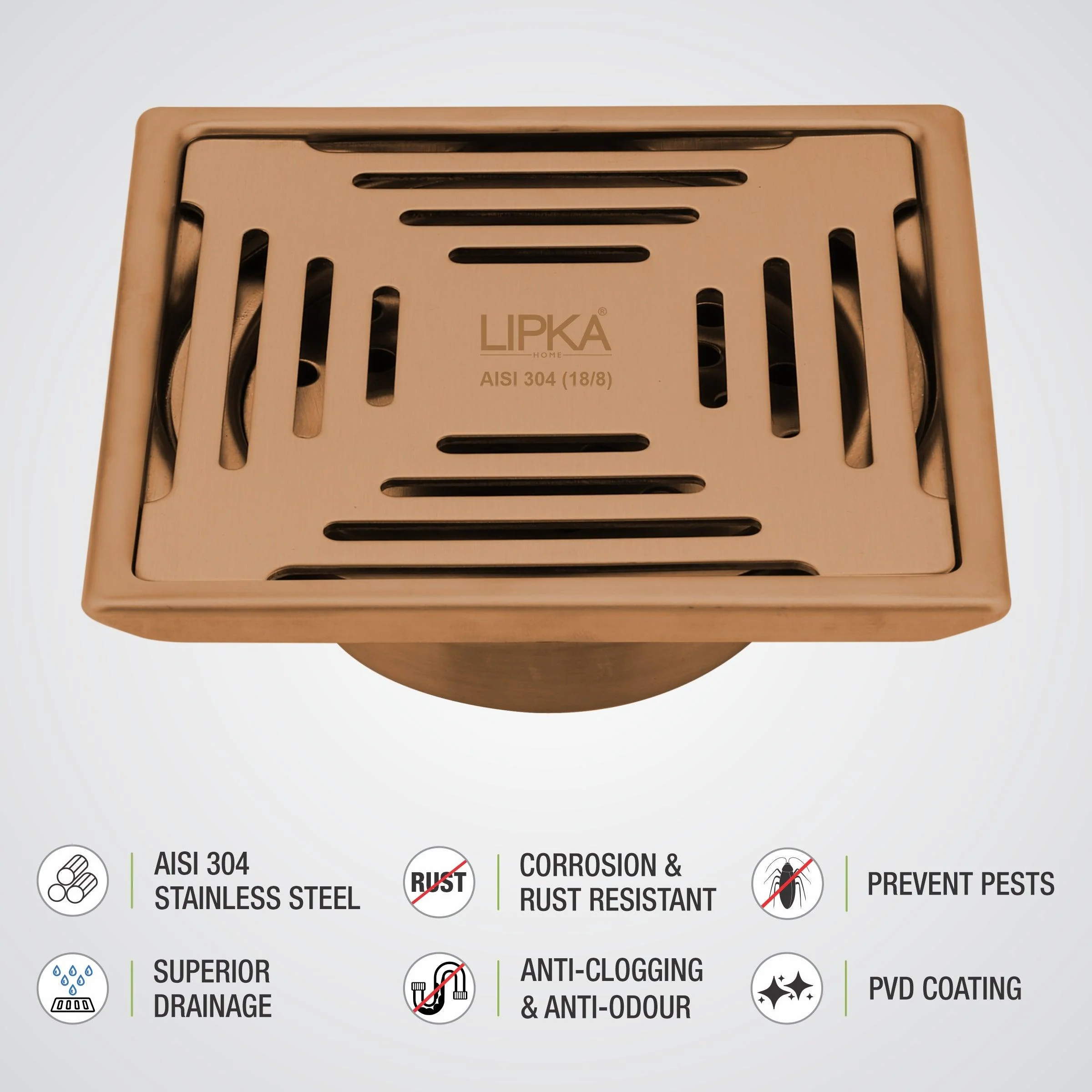 Green Exclusive Square Floor Drain in Antique Copper PVD Coating (5 x 5 Inches) with Cockroach Trap - LIPKA - Image 4