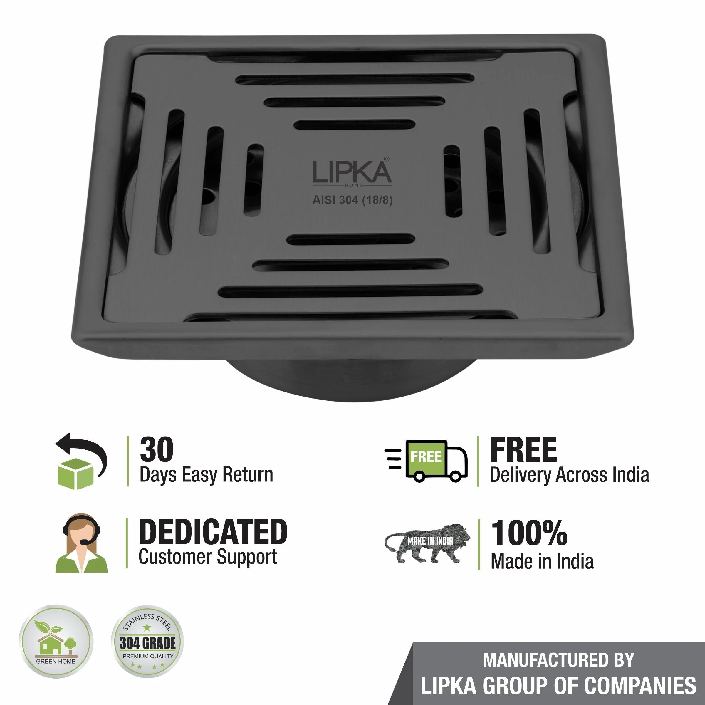 Green Exclusive Square Floor Drain in Black PVD Coating (6 x 6 Inches) with Cockroach Trap - LIPKA - Image 5