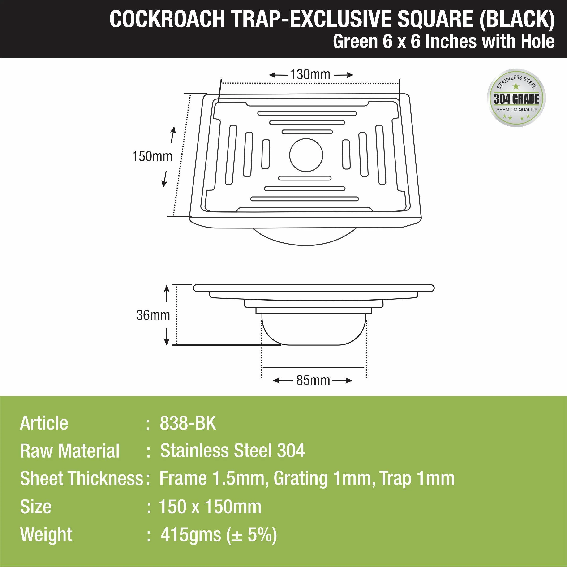 Green Exclusive Square Floor Drain in Black PVD Coating (6 x 6 Inches) with Hole & Cockroach Trap - LIPKA - Image 2