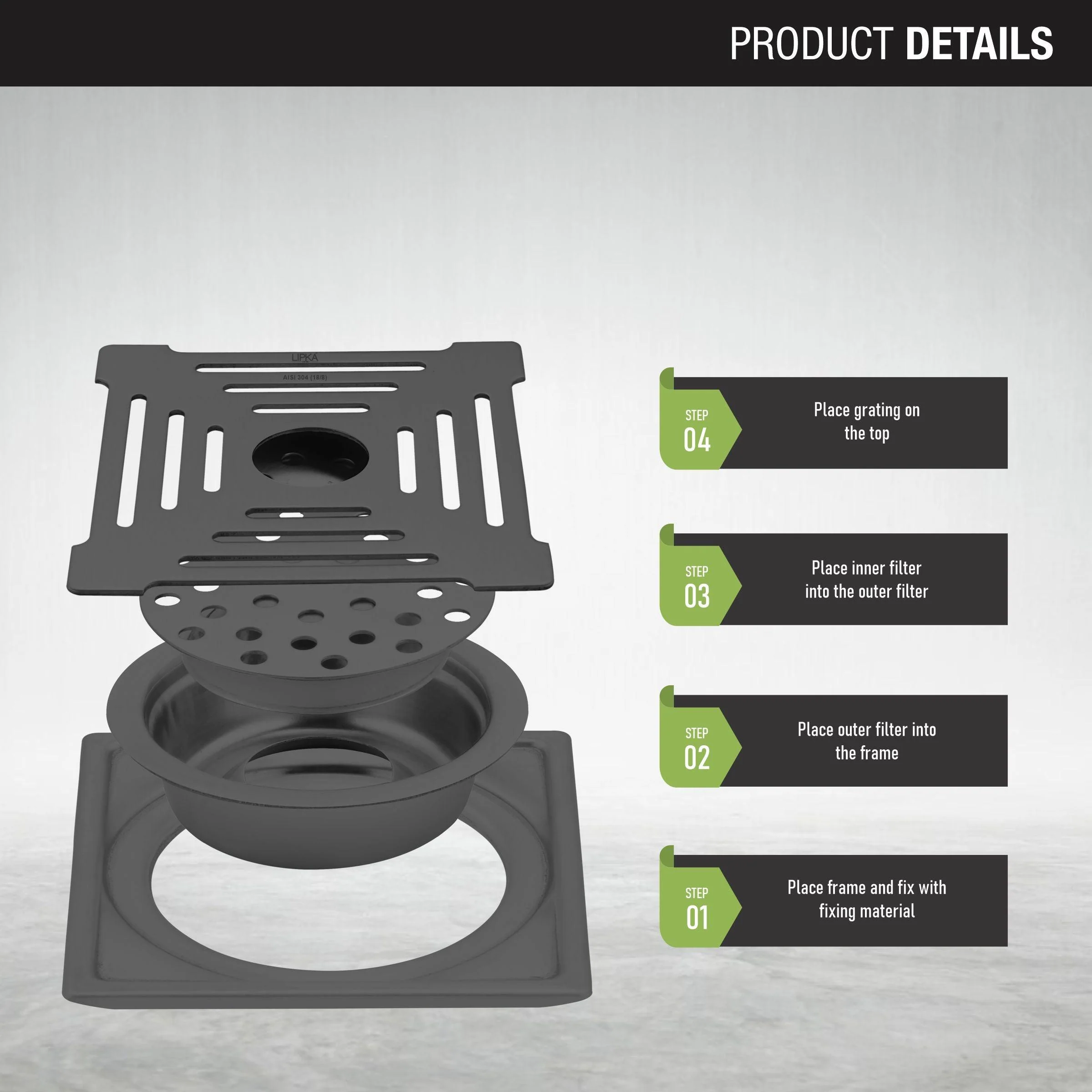 Green Exclusive Square Floor Drain in Black PVD Coating (6 x 6 Inches) with Hole & Cockroach Trap - LIPKA - Image 3