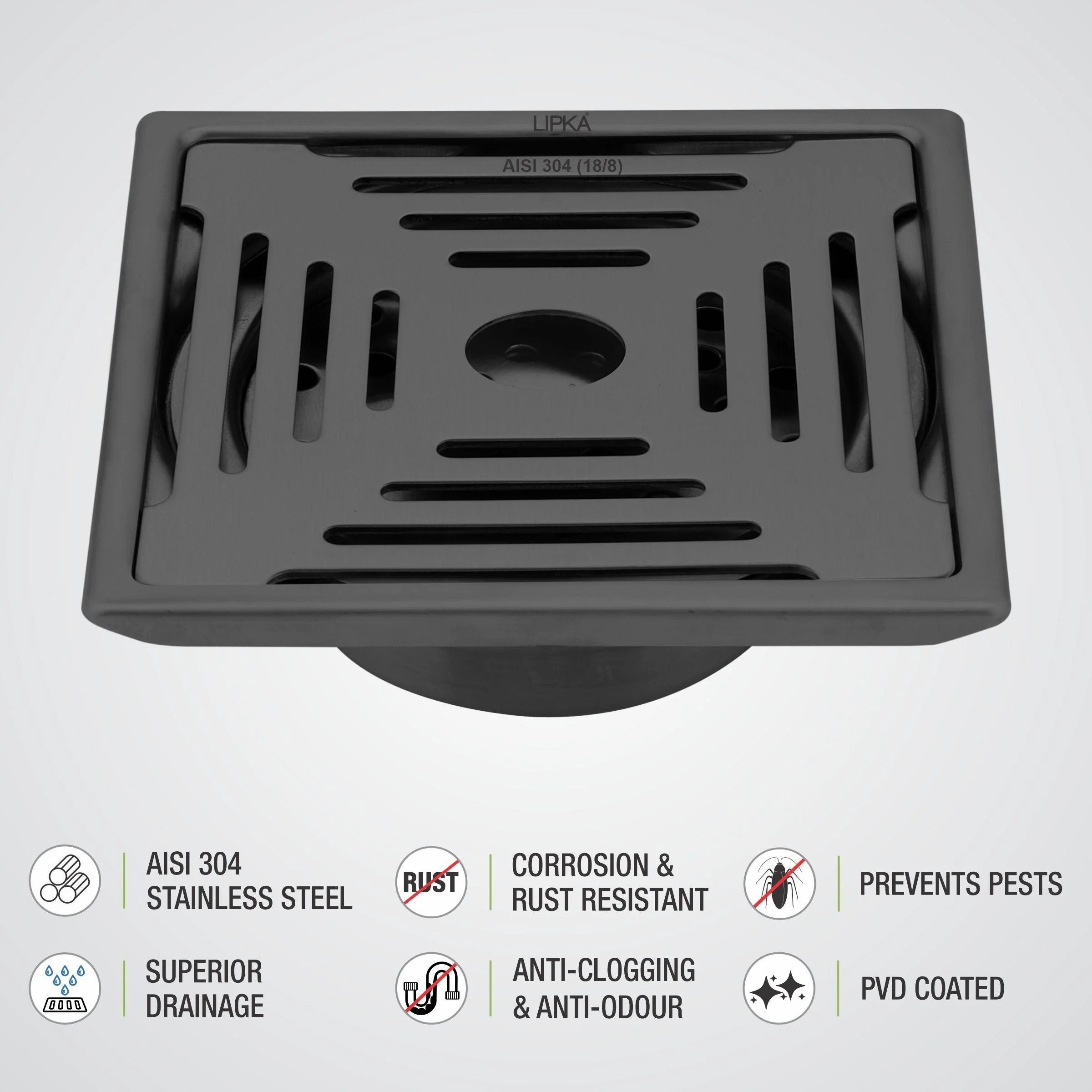 Green Exclusive Square Floor Drain in Black PVD Coating (6 x 6 Inches) with Hole & Cockroach Trap - LIPKA - Image 4
