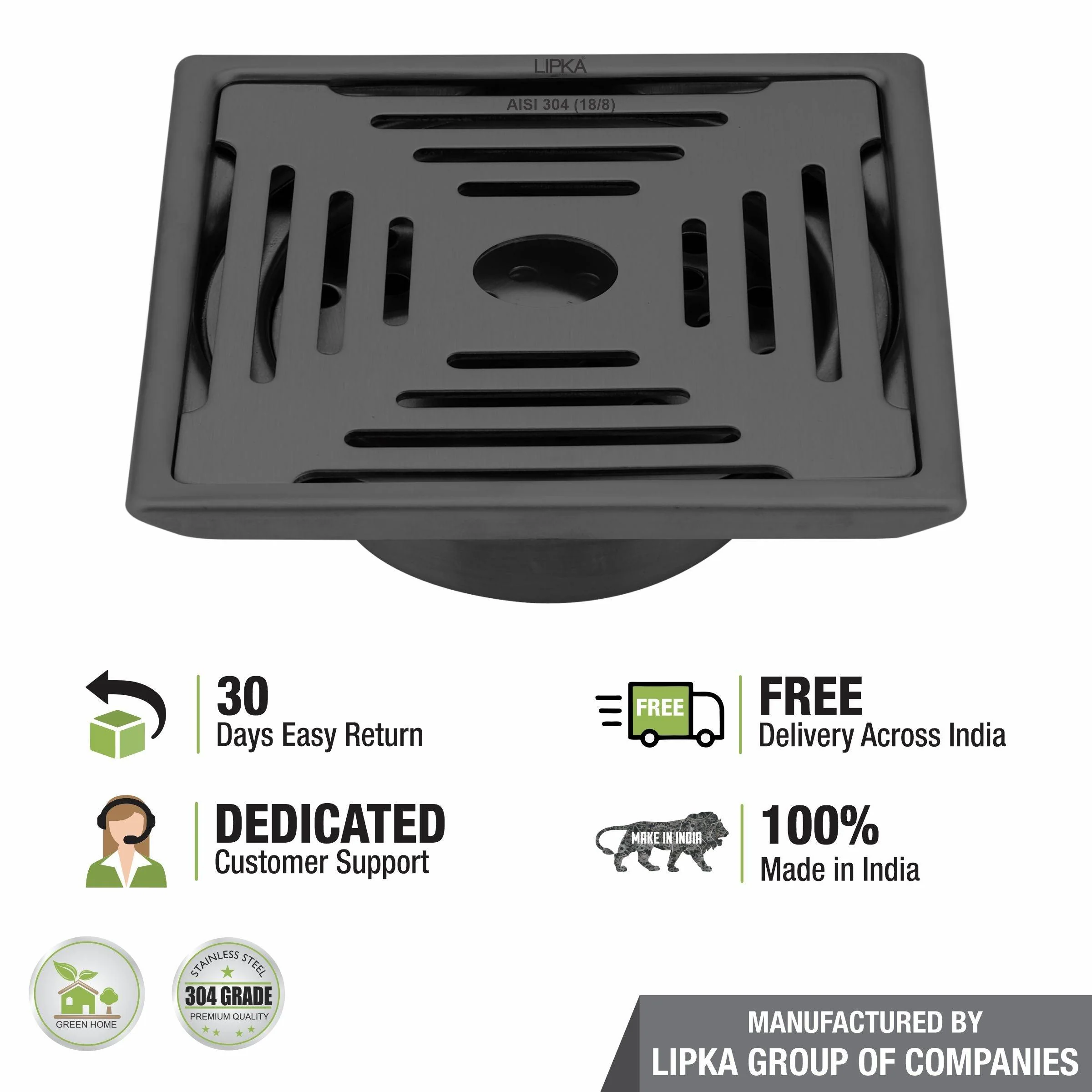 Green Exclusive Square Floor Drain in Black PVD Coating (6 x 6 Inches) with Hole & Cockroach Trap - LIPKA - Image 5