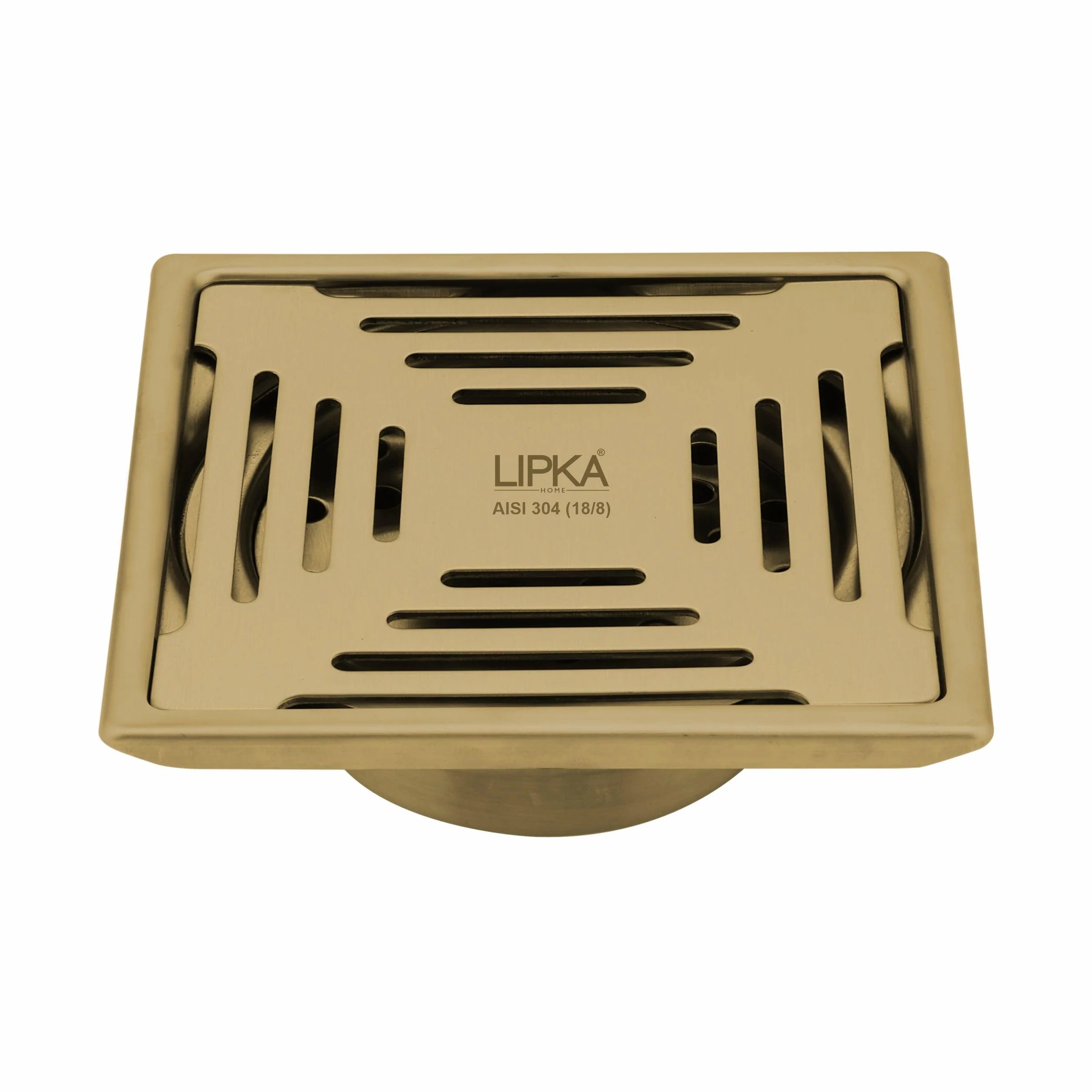 Green Exclusive Square Floor Drain in Yellow Gold PVD Coating (6 x 6 Inches) with Cockroach Trap - LIPKA