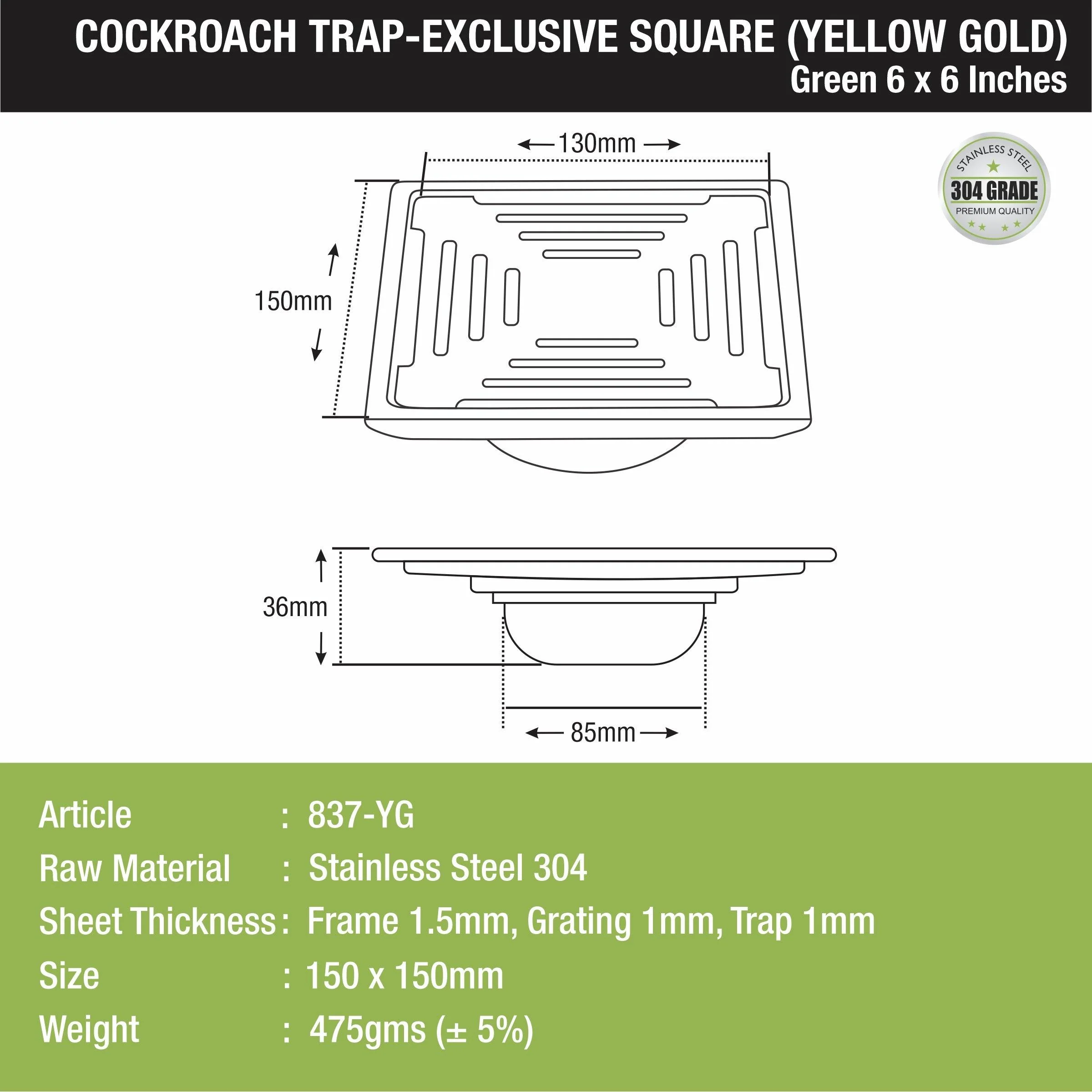 Green Exclusive Square Floor Drain in Yellow Gold PVD Coating (6 x 6 Inches) with Cockroach Trap - LIPKA - Image 2