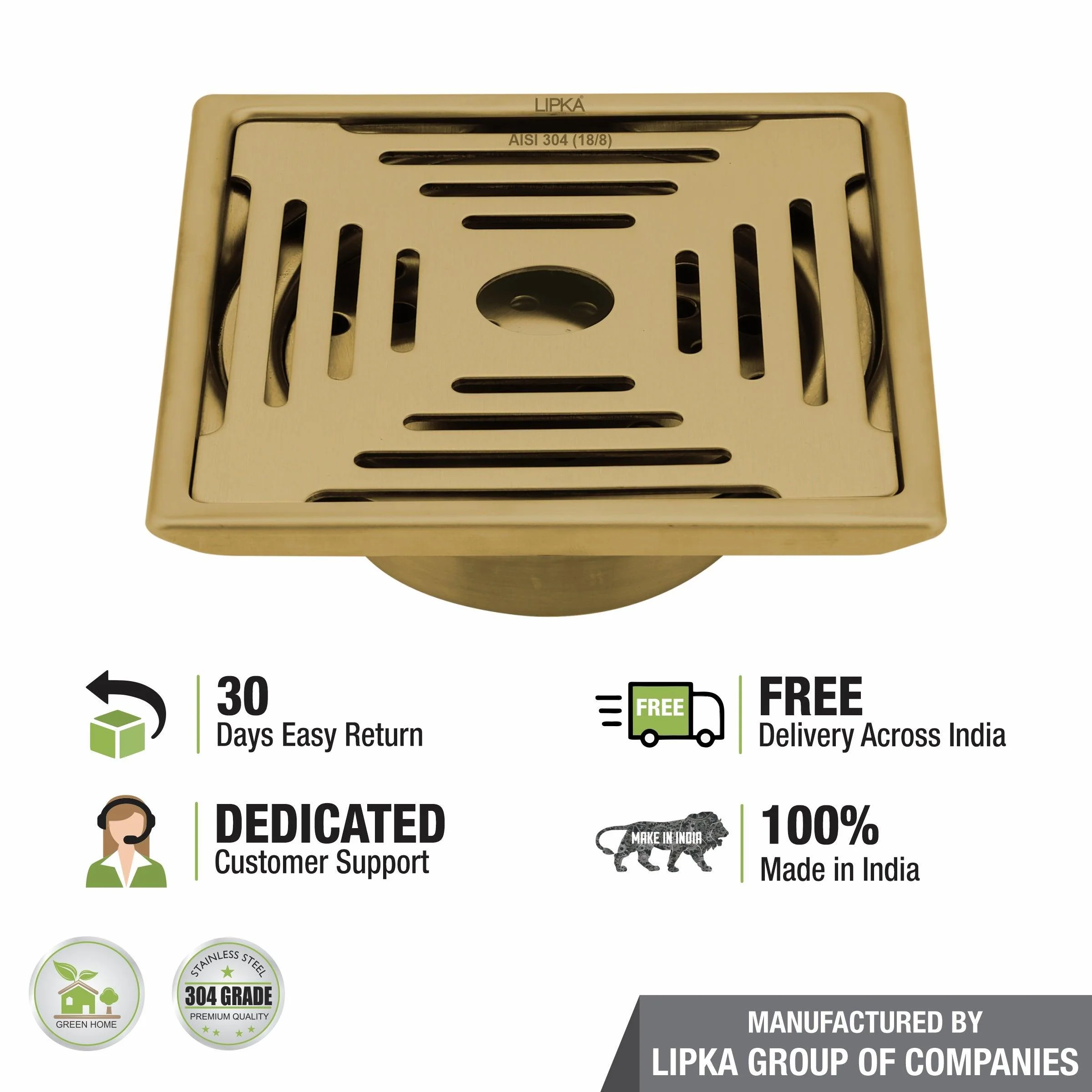Green Exclusive Square Floor Drain in Yellow Gold PVD Coating (6 x 6 Inches) with Hole & Cockroach Trap - LIPKA - Image 4