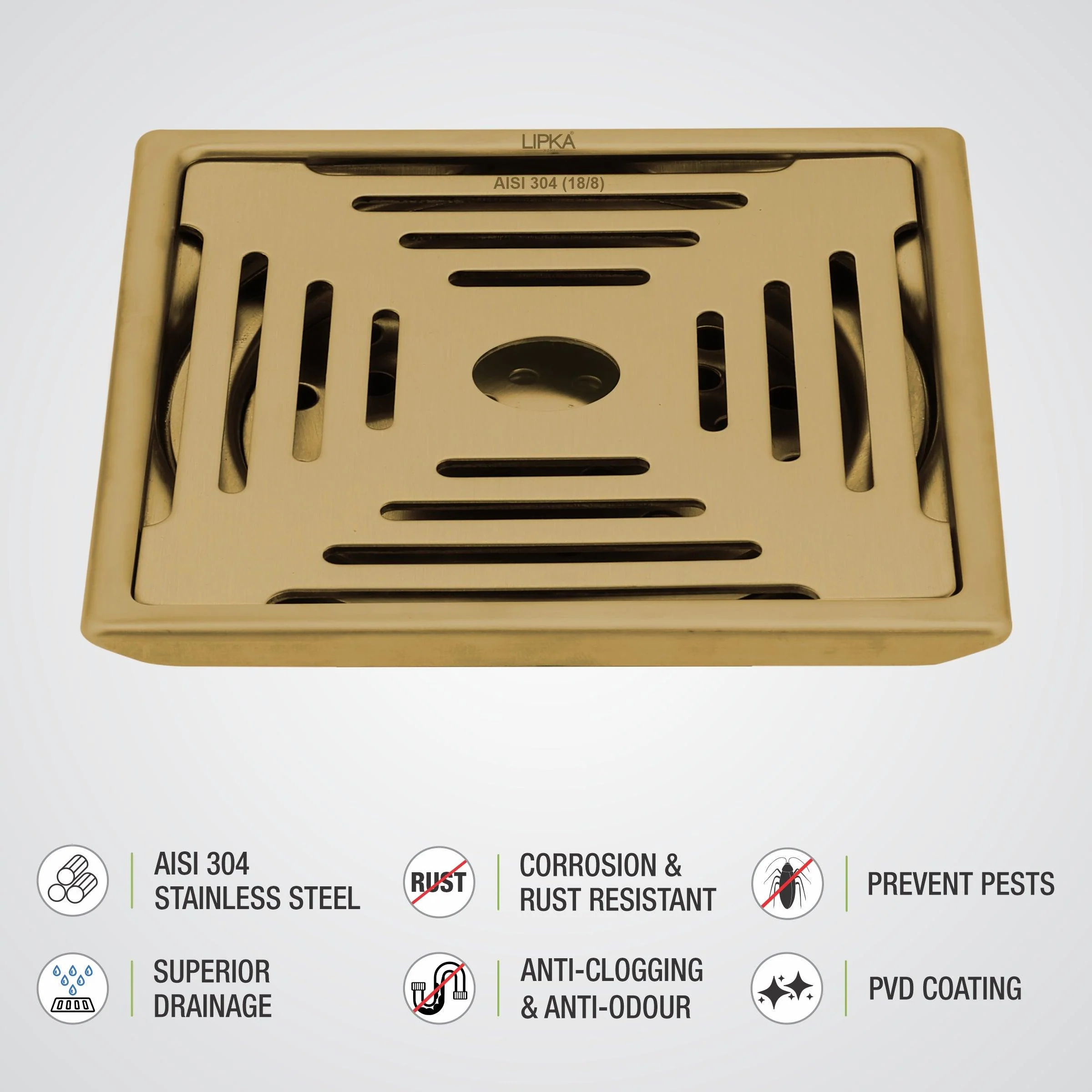 Green Exclusive Square Floor Drain in Yellow Gold PVD Coating (6 x 6 Inches) with Hole - LIPKA - Image 3