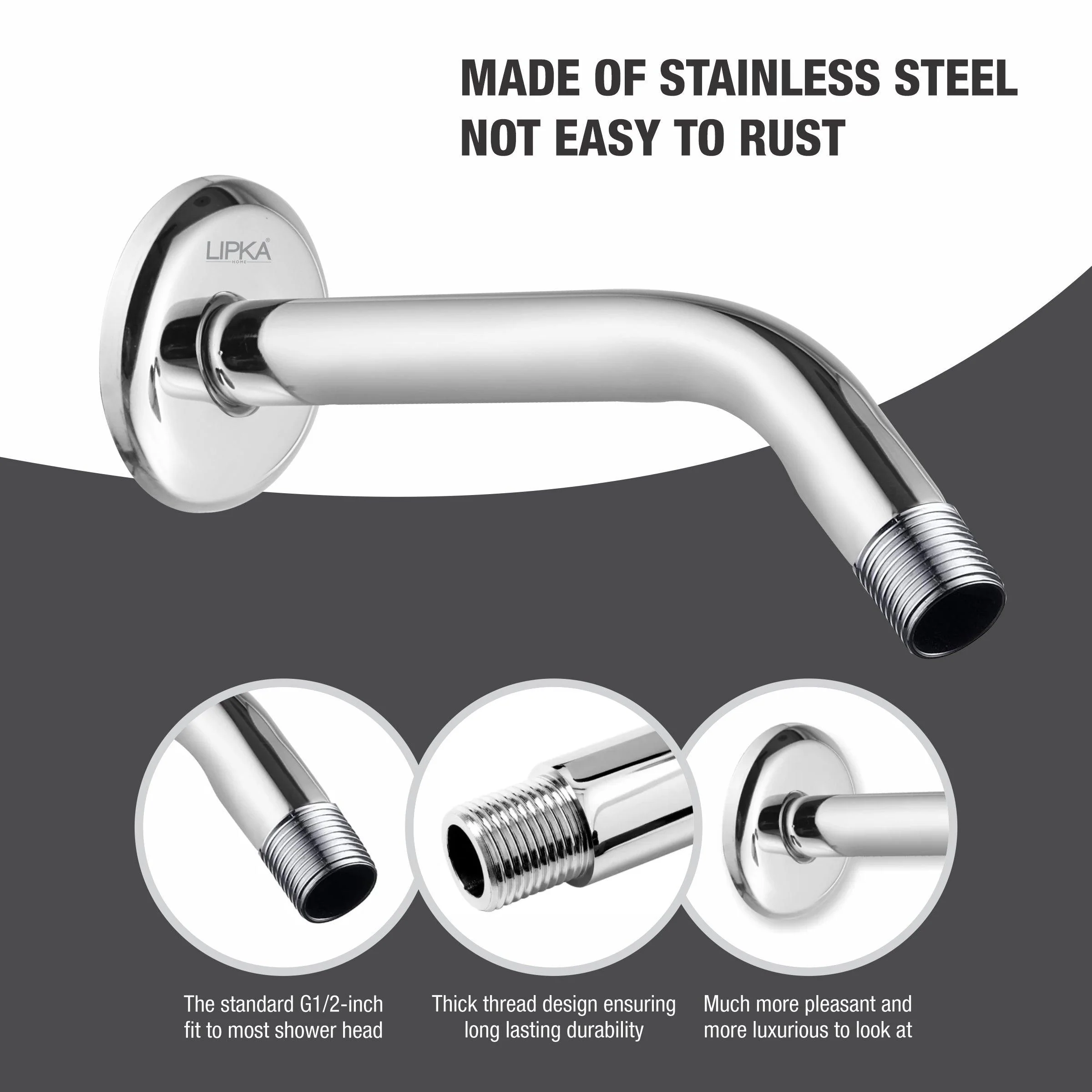 Half Bend Round Shower Arm (9 Inches) - LIPKA - Image 4