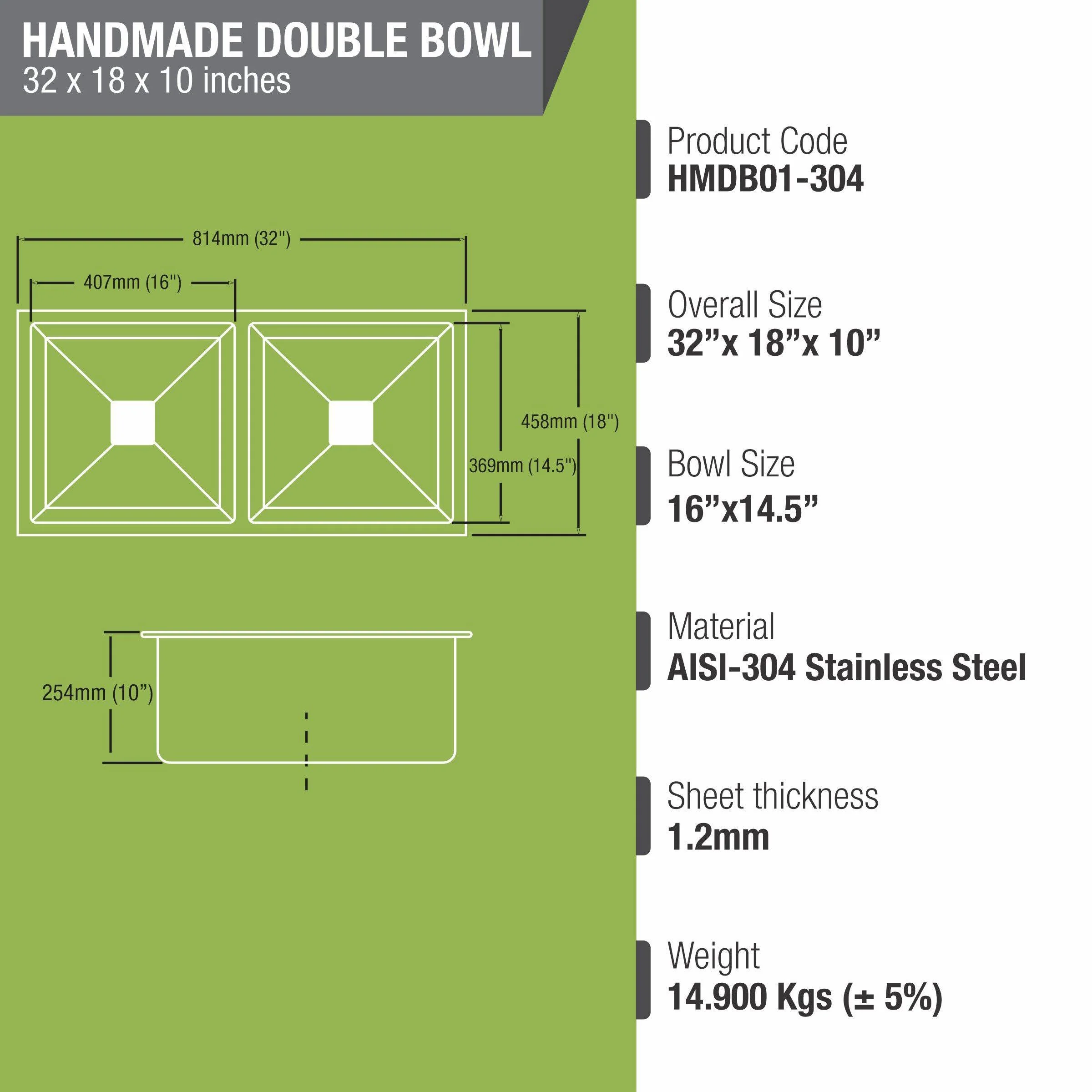 Handmade Double Bowl 304-Grade Kitchen Sink (32 x 18 x 10 Inches) - LIPKA - Image 3