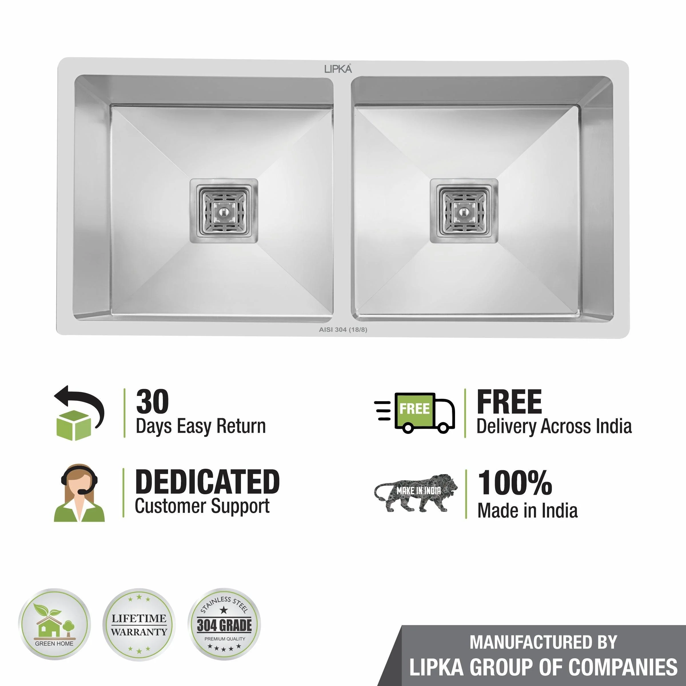 Handmade Double Bowl 304-Grade Kitchen Sink (32 x 18 x 10 Inches) - LIPKA - Image 6
