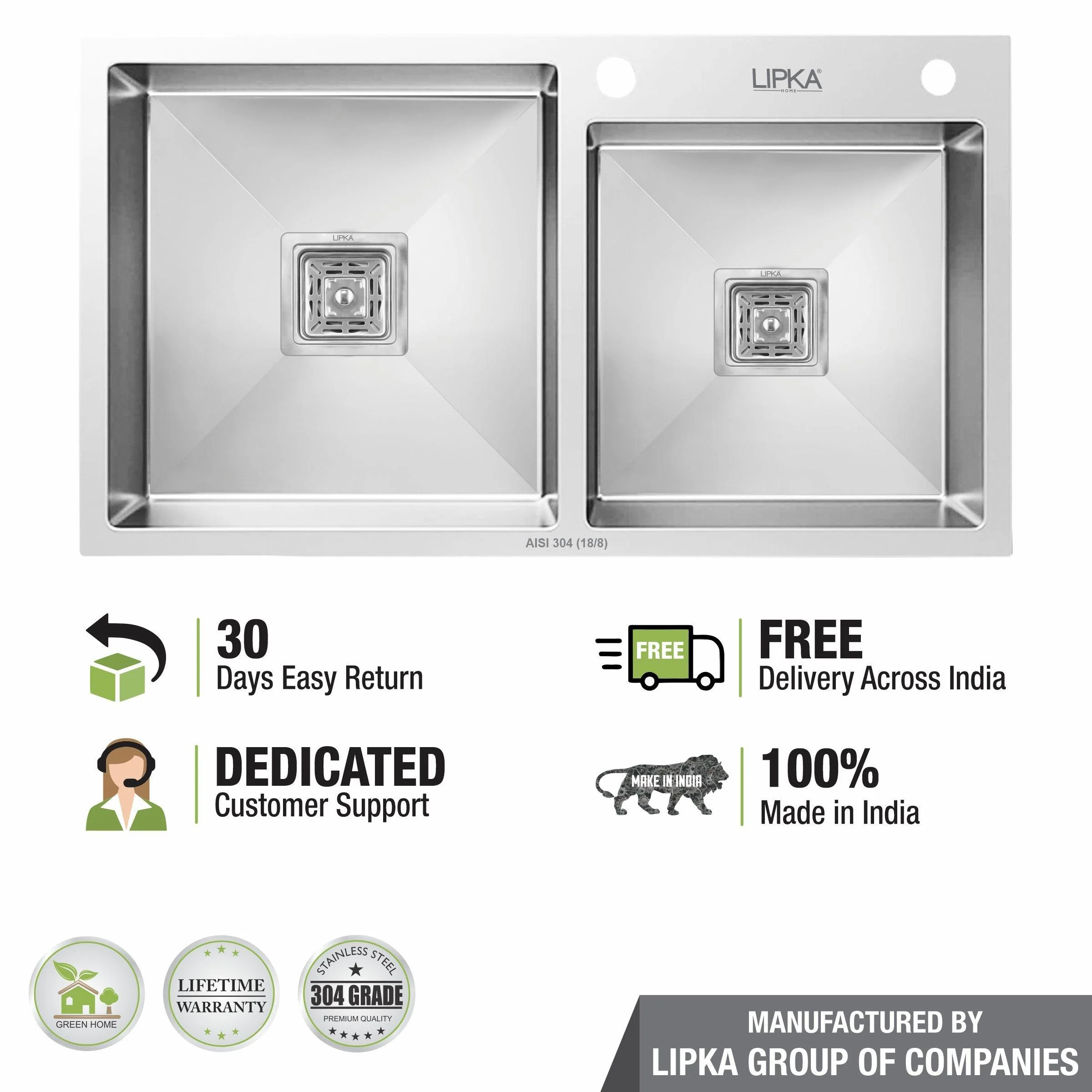 Handmade Double Bowl 304-Grade Kitchen Sink with Tap Hole (37 x 18 x 10 Inches) - LIPKA - Image 5