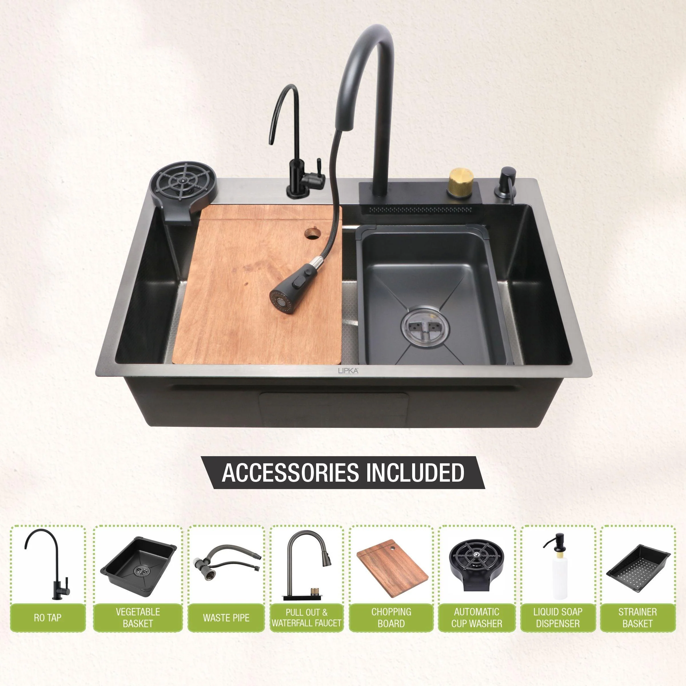 Handmade Nano Waterfall Kitchen Sink (30 x 18 x 9 inches) with Pull-out Mixer Faucet & RO Tap - LIPKA - Image 6