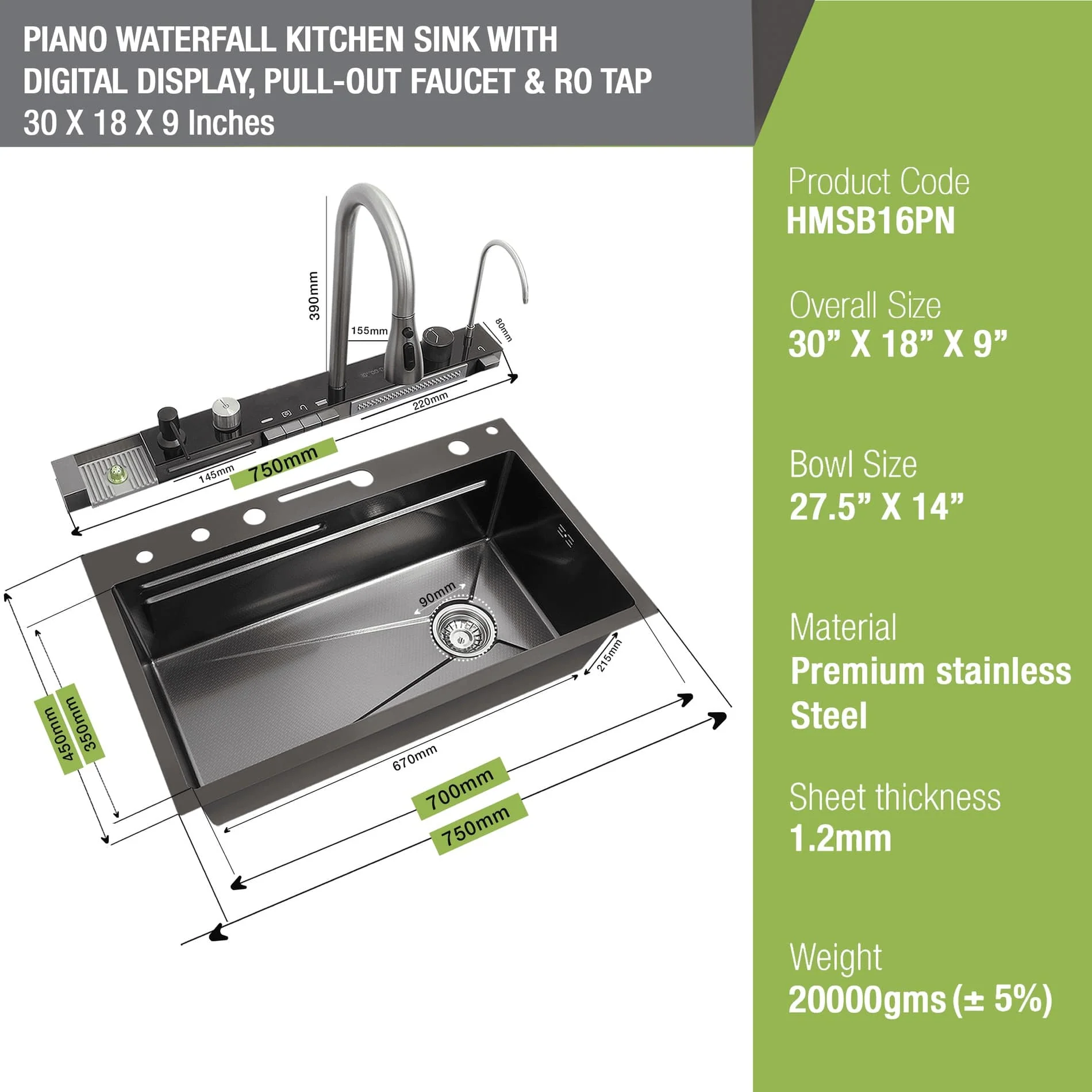 Piano Waterfall Kitchen Sink (30 x 18 x 9 inches) with Pull-out Mixer Faucet & RO Tap - LIPKA - Image 4