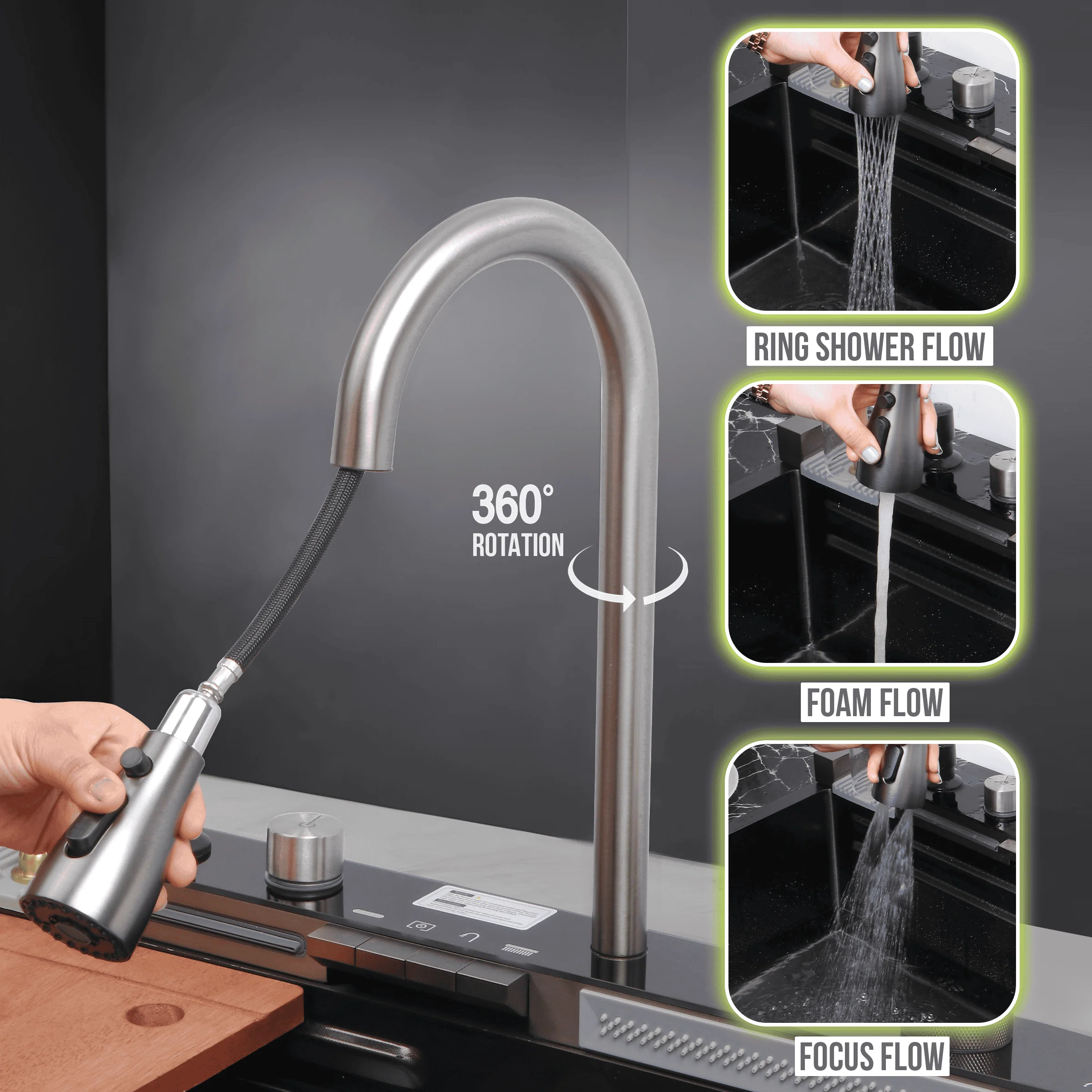 Piano Waterfall Kitchen Sink (30 x 18 x 9 inches) with Pull-out Mixer Faucet & RO Tap - LIPKA - Image 5