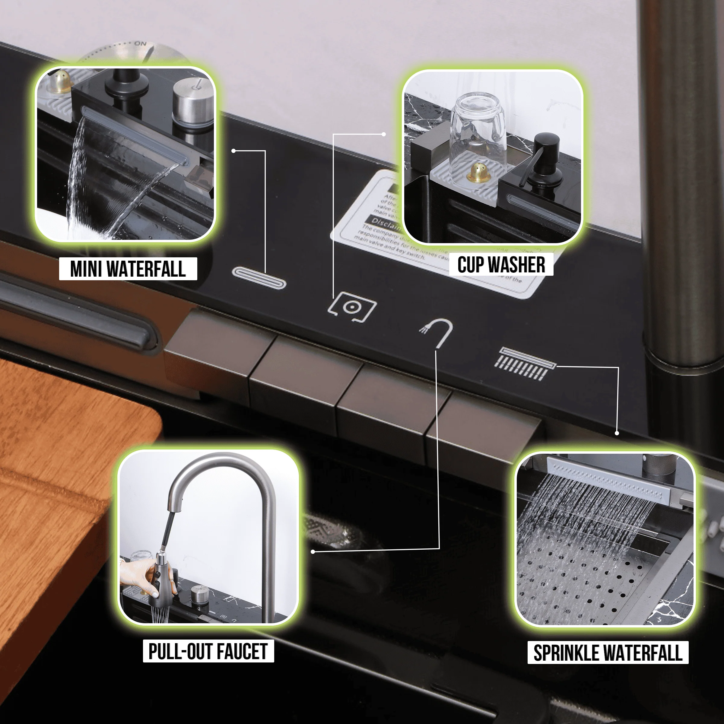 Piano Waterfall Kitchen Sink (30 x 18 x 9 inches) with Pull-out Mixer Faucet & RO Tap - LIPKA - Image 6