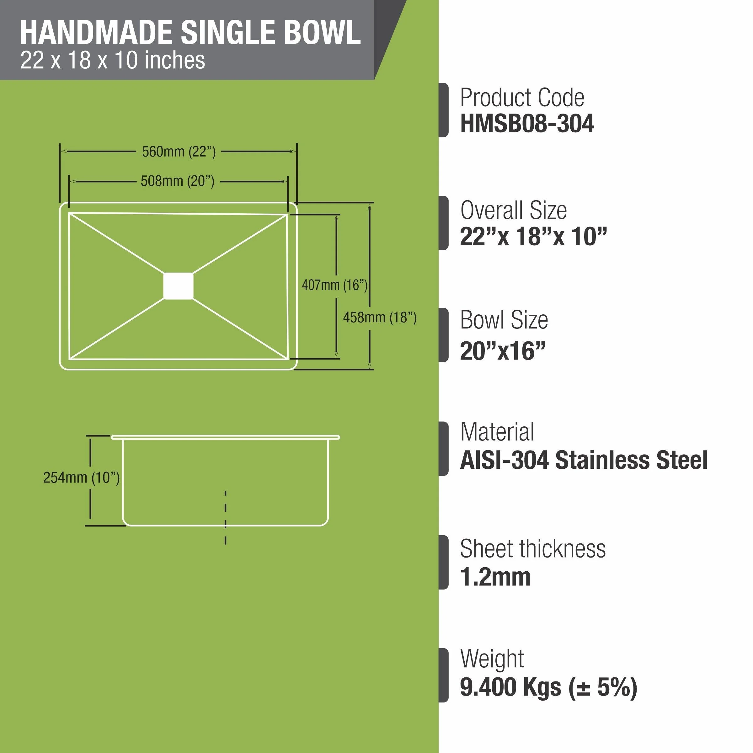 Handmade Single Bowl 304-Grade Kitchen Sink ( 22 x 18 x 10 Inches) - LIPKA - Image 3